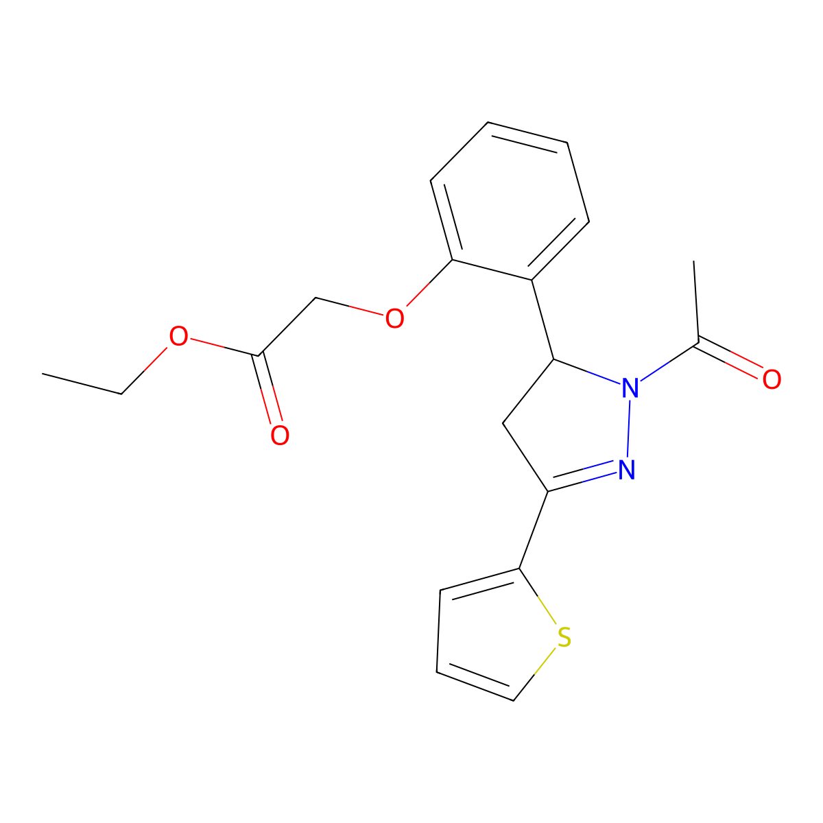 ethyl 2-(2-(1-acetyl-3-(thiophen-2-yl)-4,5-dihydro-1H-pyrazol-5-yl)phenoxy)acetate molecular structure, CAS 831179-00-1