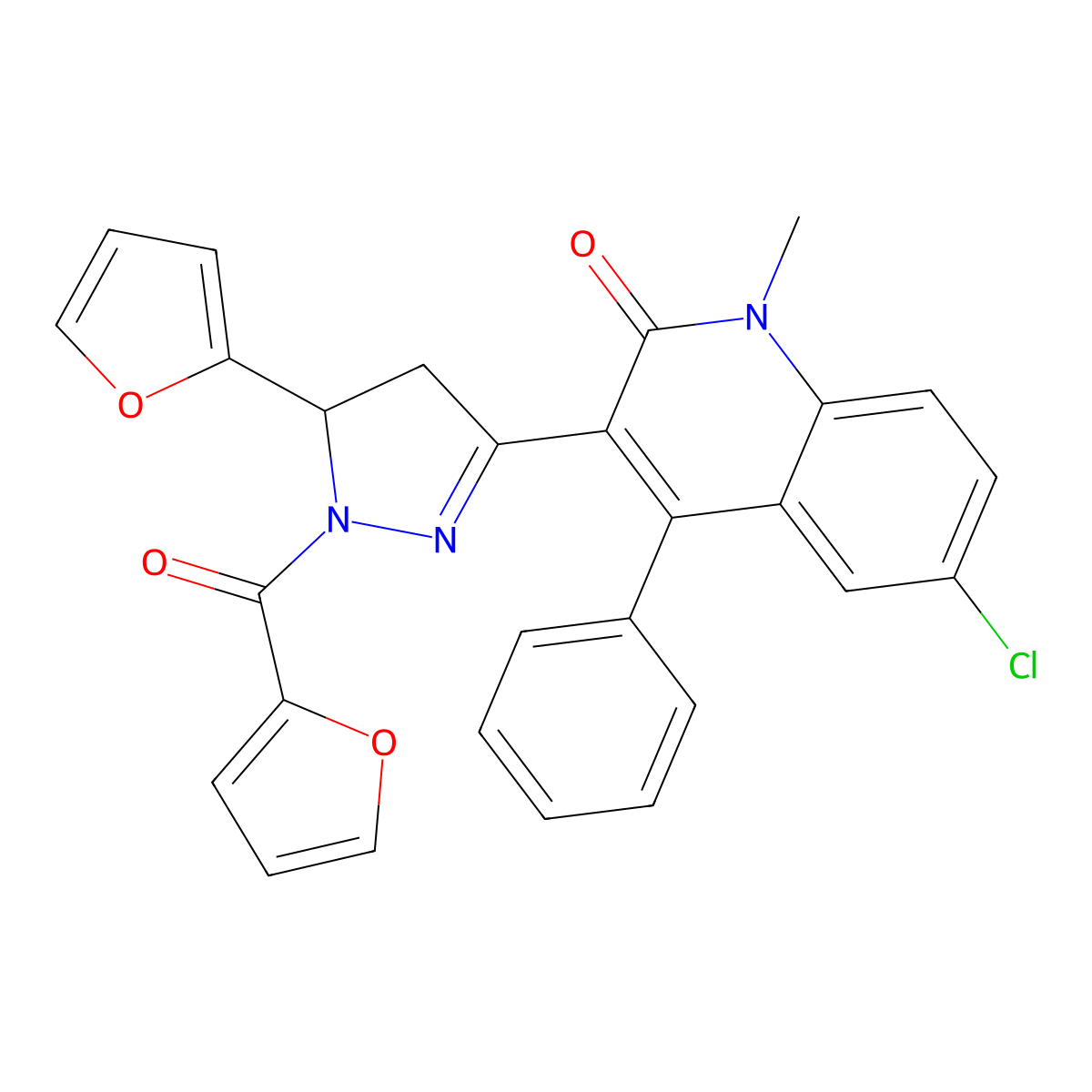 6-chloro-3-[1-(furan-2-carbonyl)-5-(furan-2-yl)-4,5-dihydro-1H-pyrazol-3-yl]-1-methyl-4-phenyl-1,2-dihydroquinolin-2-one molecular structure, CAS 831185-22-9