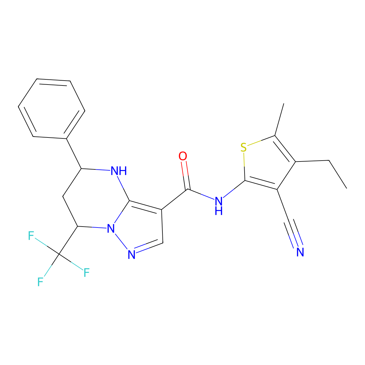 N-(3-cyano-4-ethyl-5-methylthiophen-2-yl)-5-phenyl-7-(trifluoromethyl)-4,5,6,7-tetrahydropyrazolo[1,5-a]pyrimidine-3-carboxamide molecular structure, CAS 831185-97-8