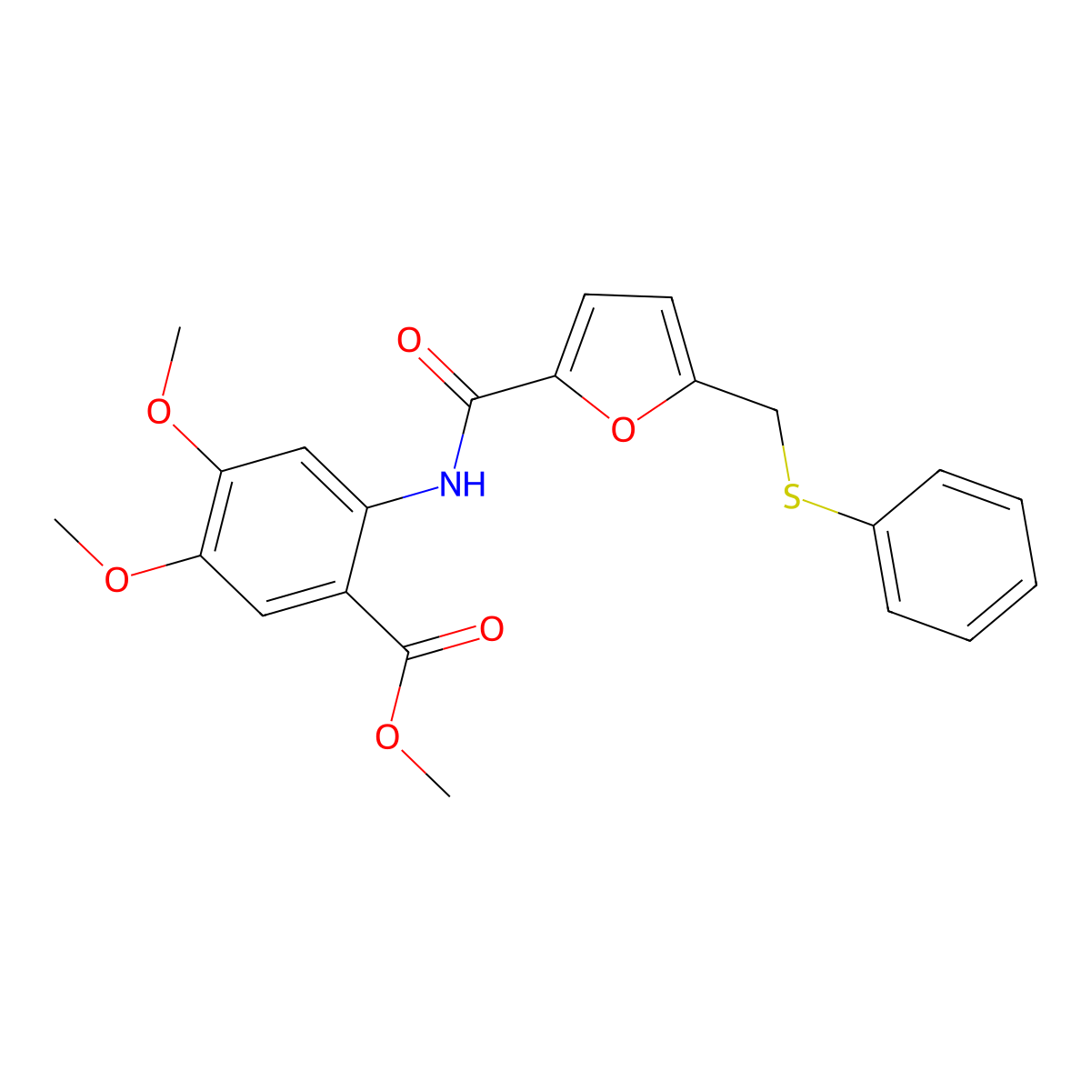 Methyl 4,5-dimethoxy-2-[[5-(phenylsulfanylmethyl)furan-2-carbonyl]amino]benzoate molecular structure, CAS 831186-15-3