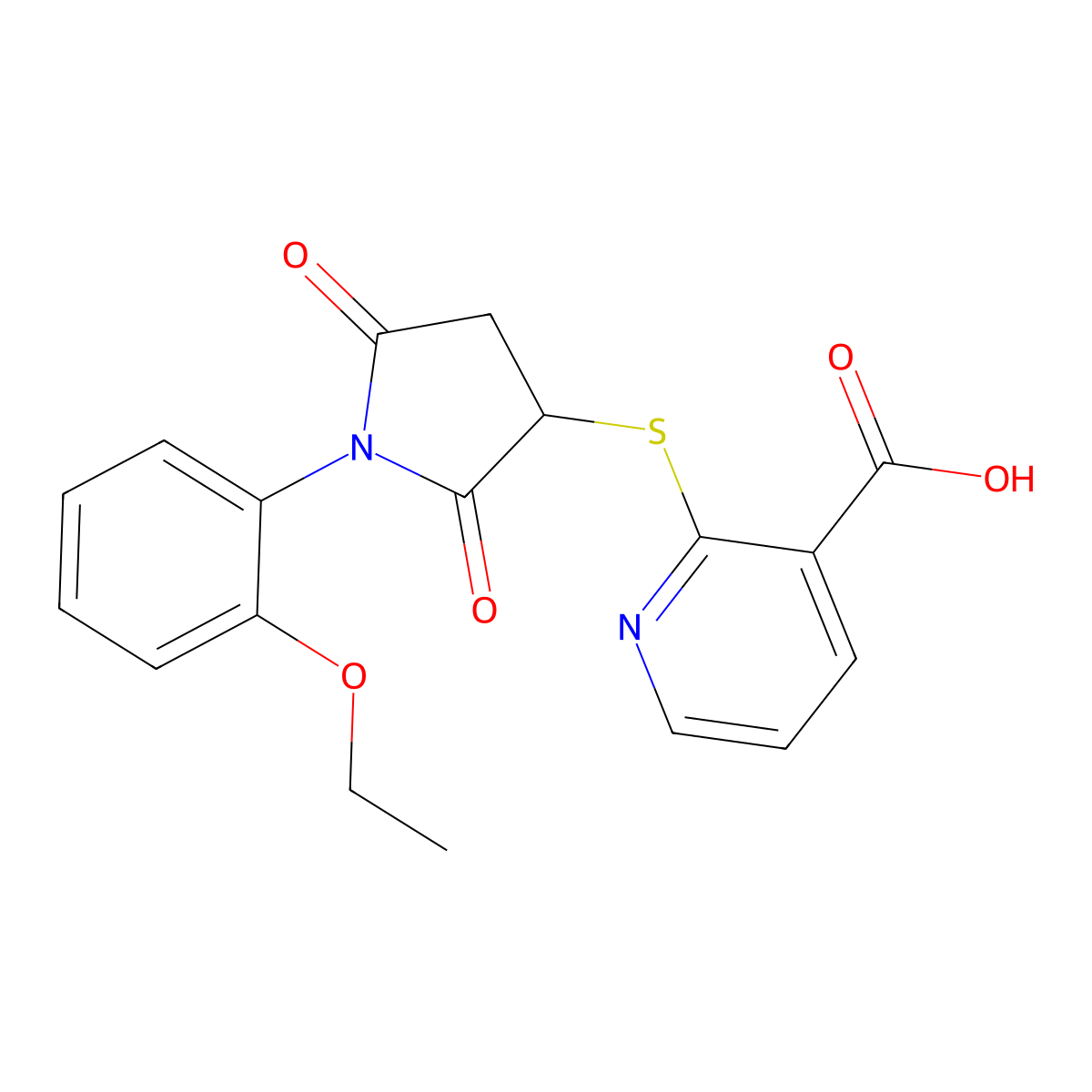 2-((1-(2-Ethoxyphenyl)-2,5-dioxopyrrolidin-3-yl)thio)nicotinic acid molecular structure, CAS 831188-53-5