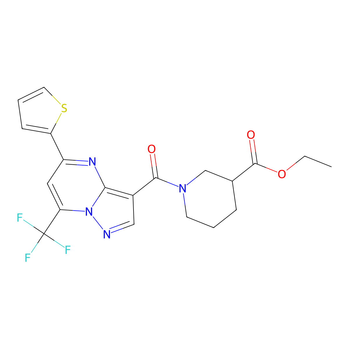 Ethyl 1-{[5-(thiophen-2-yl)-7-(trifluoromethyl)pyrazolo[1,5-a]pyrimidin-3-yl]carbonyl}piperidine-3-carboxylate molecular structure, CAS 831188-88-6