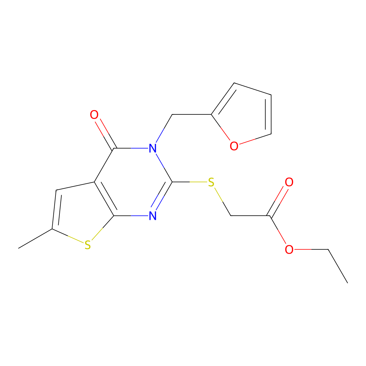 Ethyl 2-[3-(furan-2-ylmethyl)-6-methyl-4-oxothieno[2,3-d]pyrimidin-2-yl]sulfanylacetate molecular structure, CAS 831188-93-3