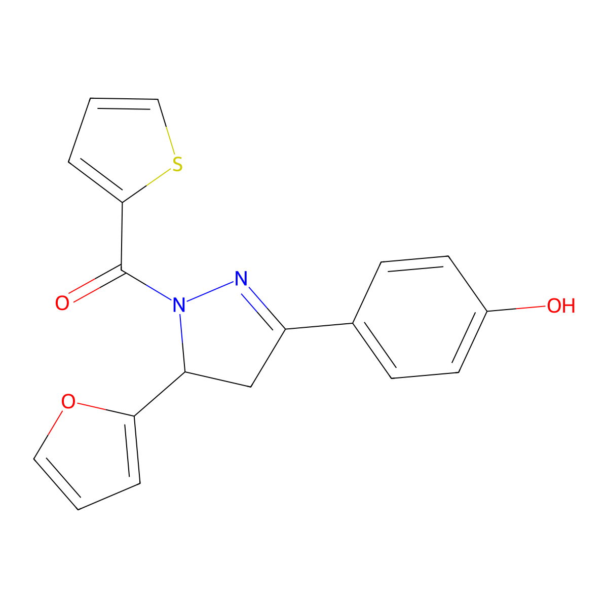 (5-(furan-2-yl)-3-(4-hydroxyphenyl)-4,5-dihydro-1H-pyrazol-1-yl)(thiophen-2-yl)methanone molecular structure, CAS 831189-43-6