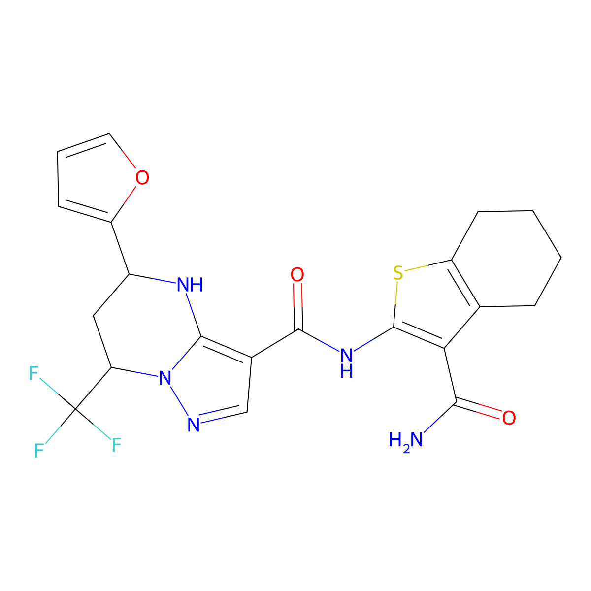 N-(3-carbamoyl-4,5,6,7-tetrahydro-1-benzothiophen-2-yl)-5-(furan-2-yl)-7-(trifluoromethyl)-4,5,6,7-tetrahydropyrazolo[1,5-a]pyrimidine-3-carboxamide molecular structure, CAS 831192-42-8
