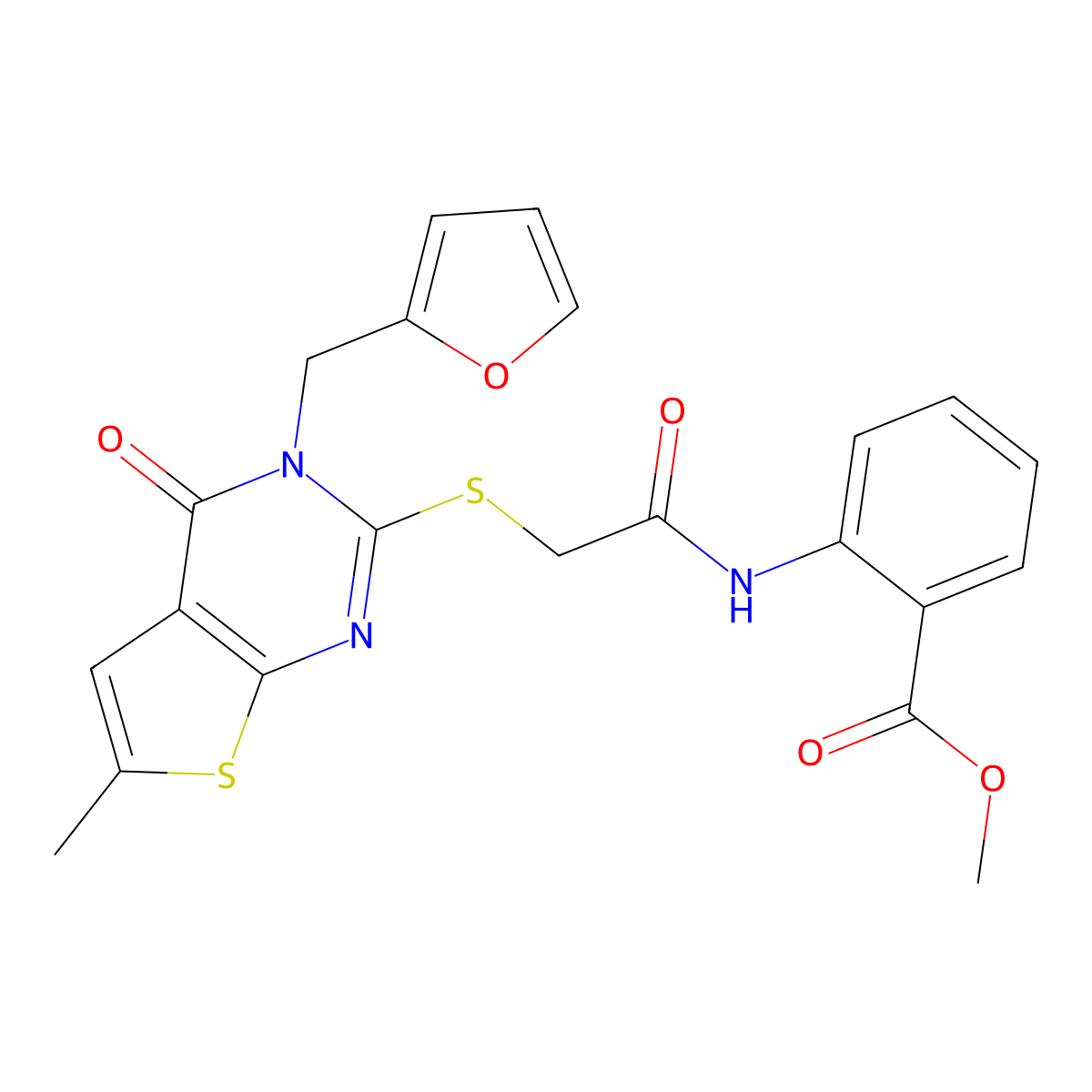 methyl 2-[2-({3-[(furan-2-yl)methyl]-6-methyl-4-oxo-3H,4H-thieno[2,3-d]pyrimidin-2-yl}sulfanyl)acetamido]benzoate molecular structure, CAS 831193-06-7