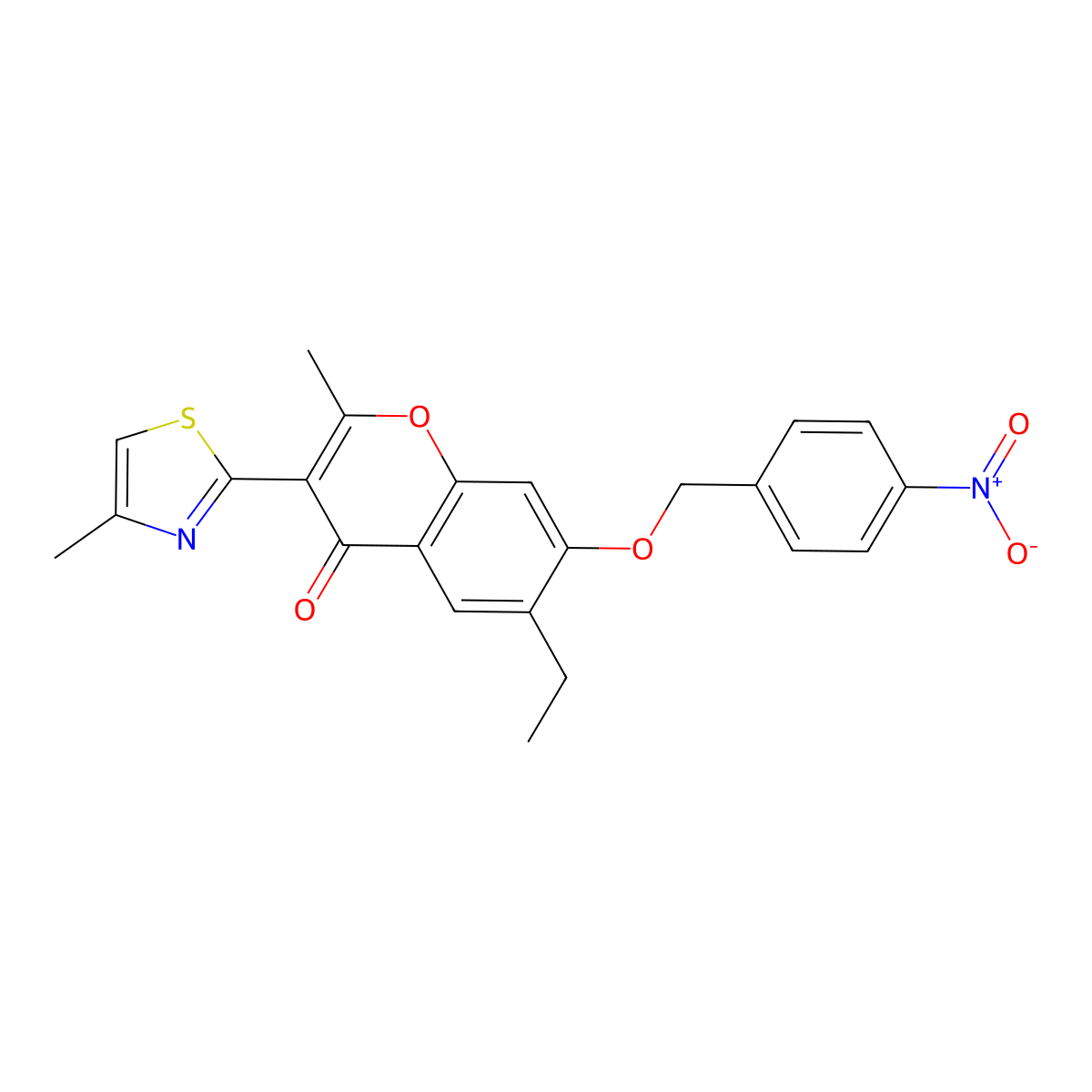 6-ethyl-2-methyl-3-(4-methylthiazol-2-yl)-7-((4-nitrobenzyl)oxy)-4H-chromen-4-one molecular structure, CAS 831193-74-9