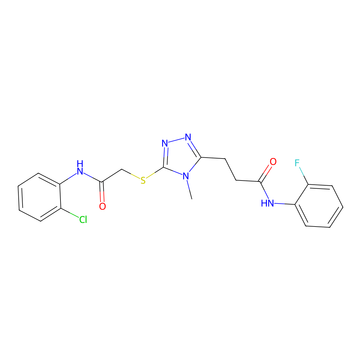 3-[5-[2-(2-chloroanilino)-2-oxoethyl]sulfanyl-4-methyl-1,2,4-triazol-3-yl]-N-(2-fluorophenyl)propanamide molecular structure, CAS 831199-76-9