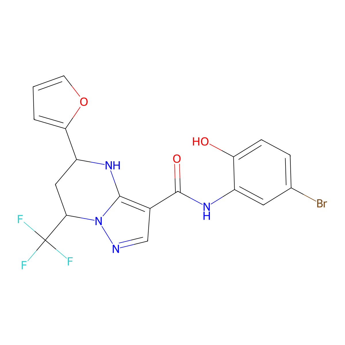 N-(5-bromo-2-hydroxyphenyl)-5-(furan-2-yl)-7-(trifluoromethyl)-4,5,6,7-tetrahydropyrazolo[1,5-a]pyrimidine-3-carboxamide molecular structure, CAS 831199-99-6