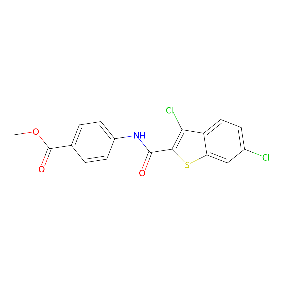 Methyl 4-(3,6-dichlorobenzo[b]thiophene-2-carboxamido)benzoate molecular structure, CAS 831205-40-4