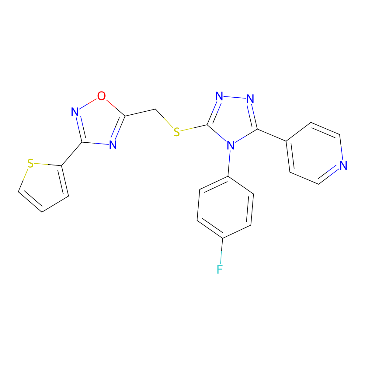 4-[4-(4-fluorophenyl)-5-({[3-(thiophen-2-yl)-1,2,4-oxadiazol-5-yl]methyl}sulfanyl)-4H-1,2,4-triazol-3-yl]pyridine molecular structure, CAS 831205-51-7