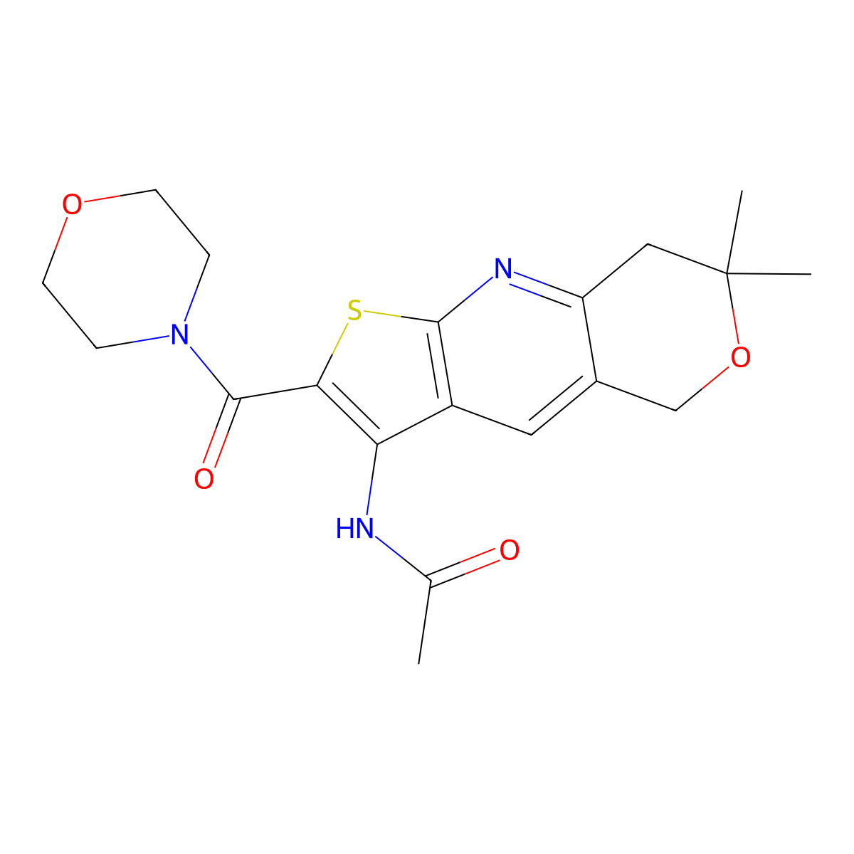 N-(7,7-dimethyl-2-(morpholine-4-carbonyl)-7,8-dihydro-5H-pyrano[4,3-b]thieno[3,2-e]pyridin-3-yl)acetamide molecular structure, CAS 831206-03-2