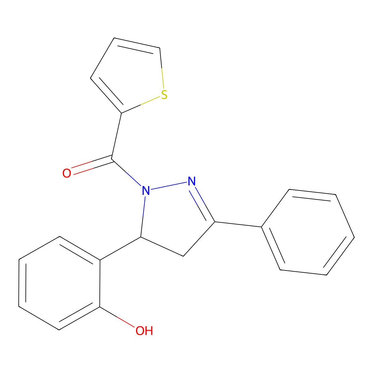2-[3-phenyl-1-(thiophene-2-carbonyl)-4,5-dihydro-1H-pyrazol-5-yl]phenol molecular structure, CAS 831206-39-4