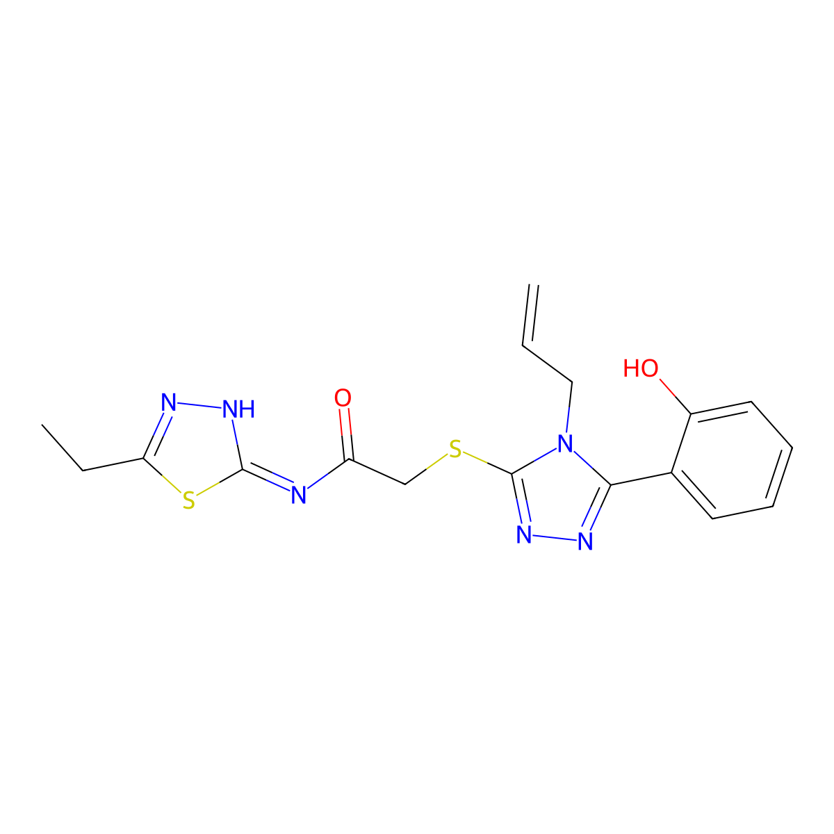 2-((4-allyl-5-(2-hydroxyphenyl)-4H-1,2,4-triazol-3-yl)thio)-N-(5-ethyl-1,3,4-thiadiazol-2-yl)acetamide molecular structure, CAS 831206-69-0