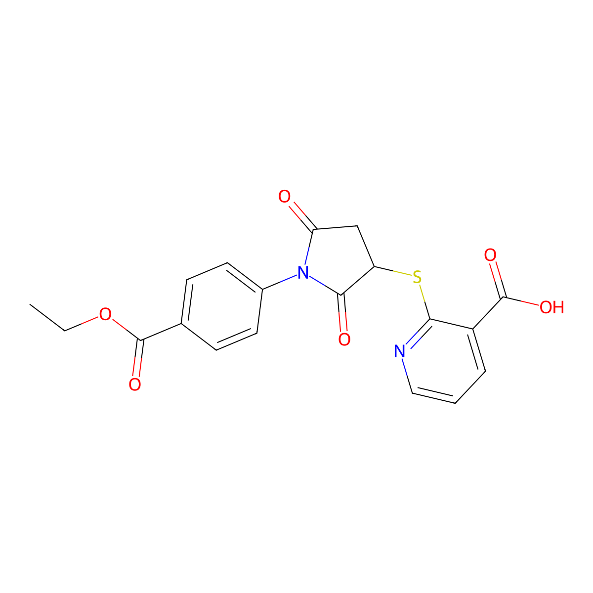 2-((1-(4-(Ethoxycarbonyl)phenyl)-2,5-dioxopyrrolidin-3-yl)thio)nicotinic acid molecular structure, CAS 831206-98-5