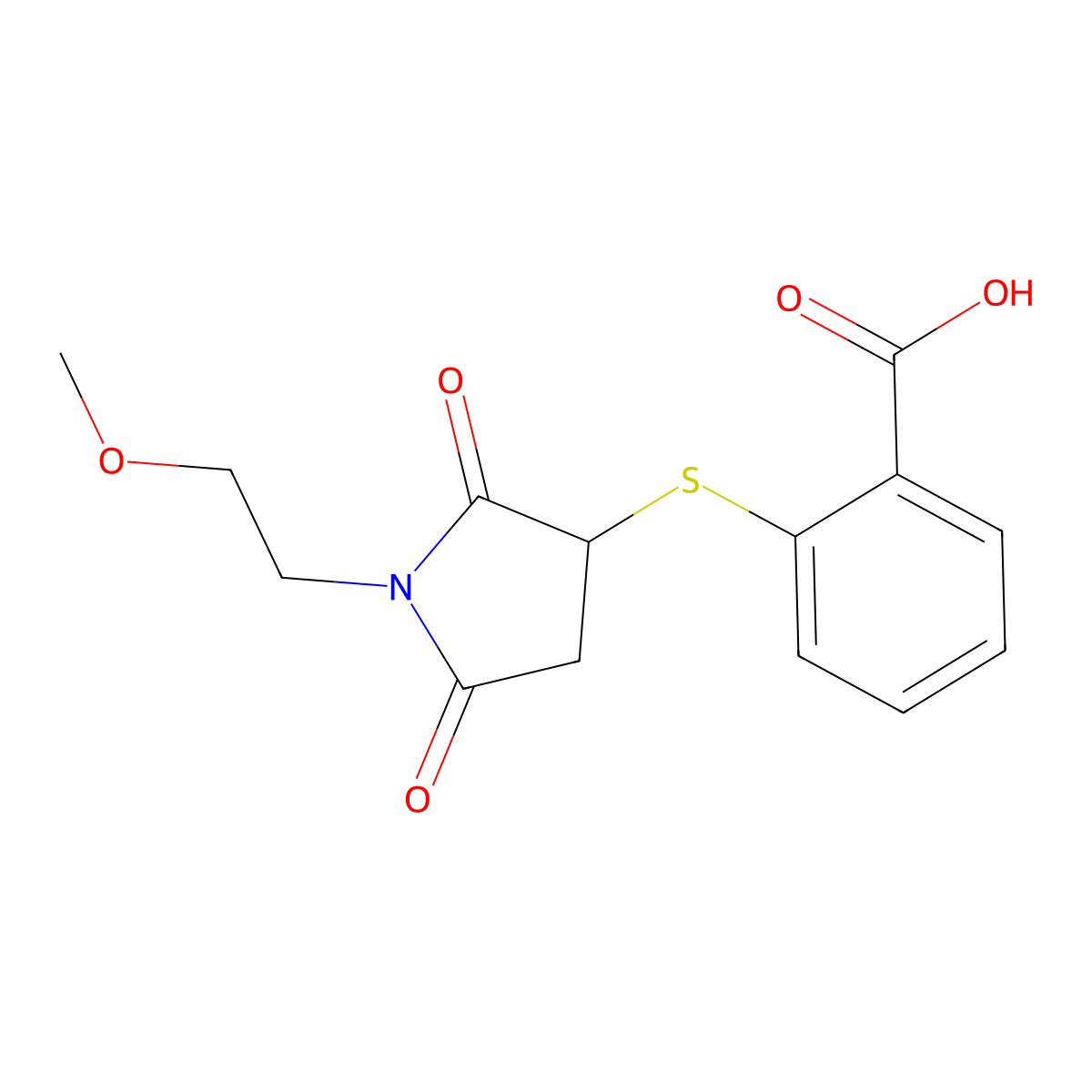 2-((1-(2-Methoxyethyl)-2,5-dioxopyrrolidin-3-yl)thio)benzoic acid molecular structure, CAS 831207-85-3