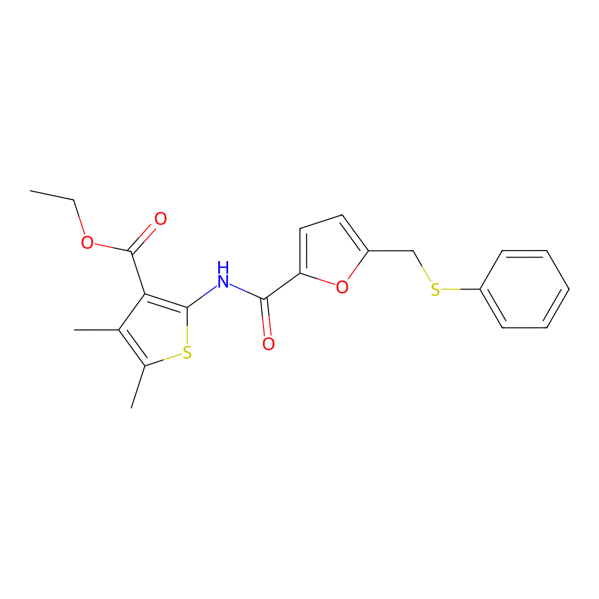 Ethyl 4,5-dimethyl-2-(5-((phenylthio)methyl)furan-2-carboxamido)thiophene-3-carboxylate molecular structure, CAS 831207-93-3