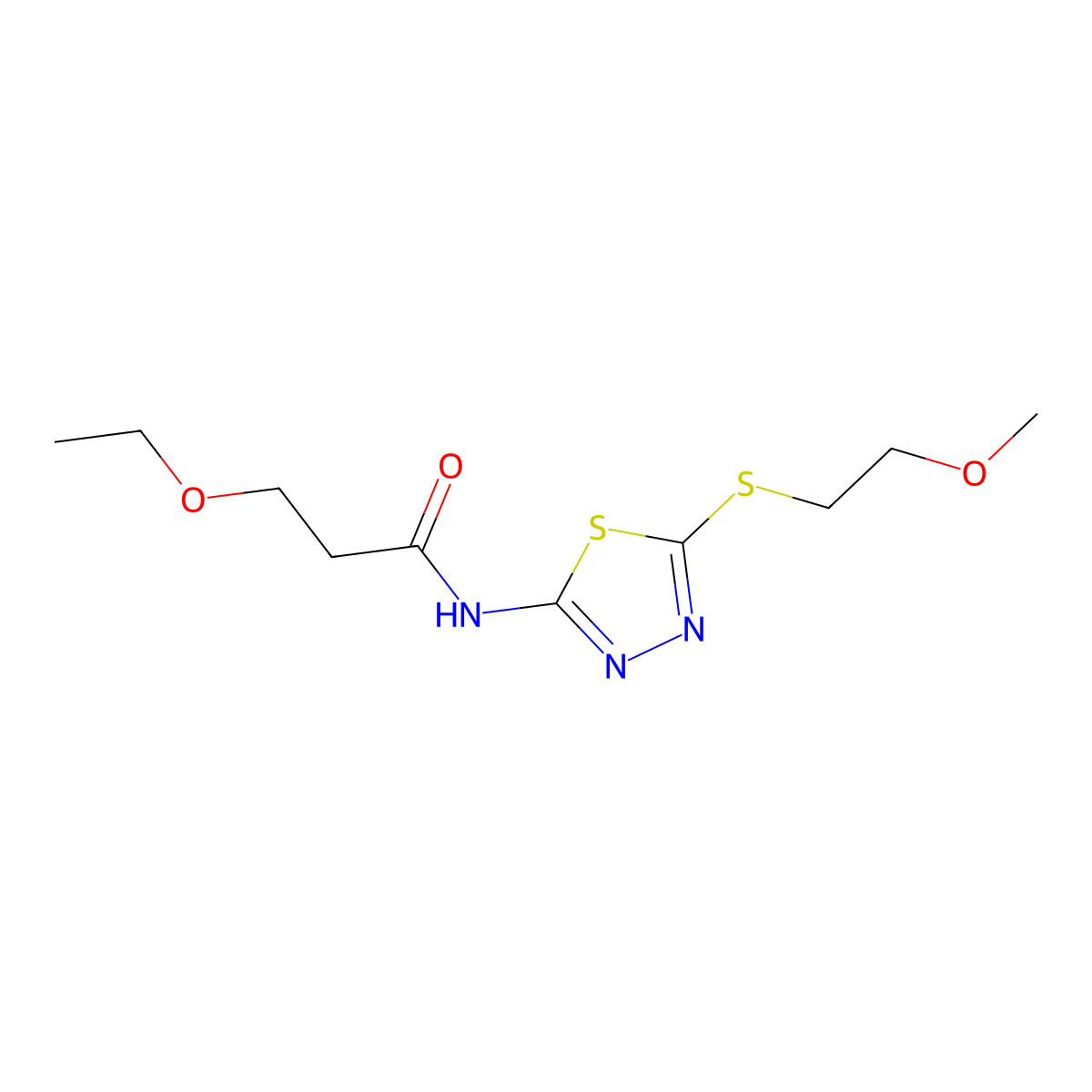 3-ethoxy-N-[5-(2-methoxyethylsulfanyl)-1,3,4-thiadiazol-2-yl]propanamide molecular structure, CAS 831208-26-5
