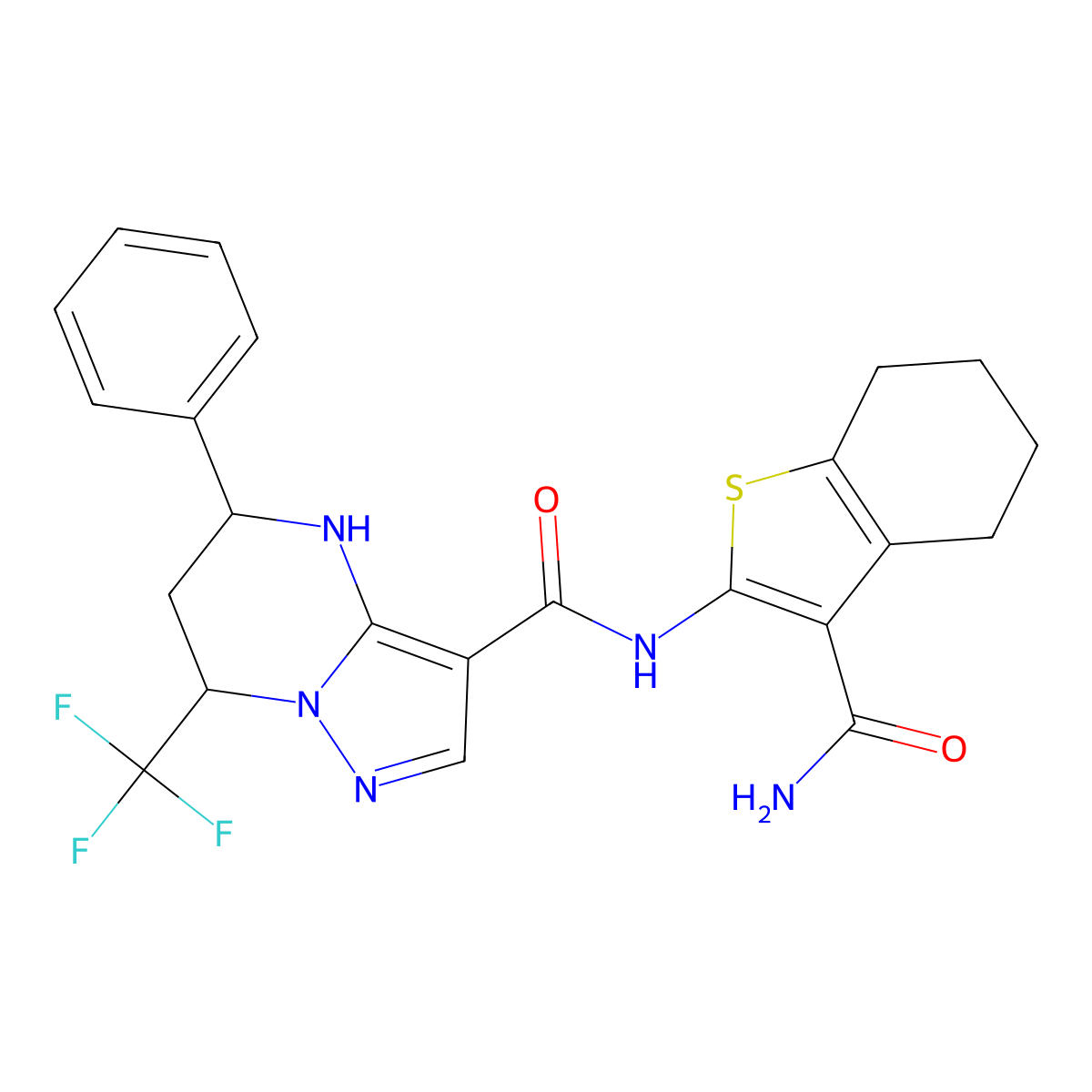 N-(3-carbamoyl-4,5,6,7-tetrahydro-1-benzothiophen-2-yl)-5-phenyl-7-(trifluoromethyl)-4,5,6,7-tetrahydropyrazolo[1,5-a]pyrimidine-3-carboxamide molecular structure, CAS 831209-26-8