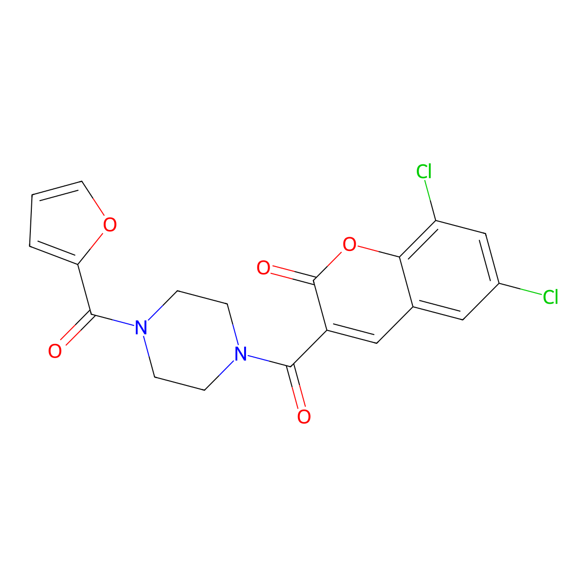 6,8-Dichloro-3-[4-(furan-2-carbonyl)piperazine-1-carbonyl]chromen-2-one molecular structure, CAS 831209-36-0
