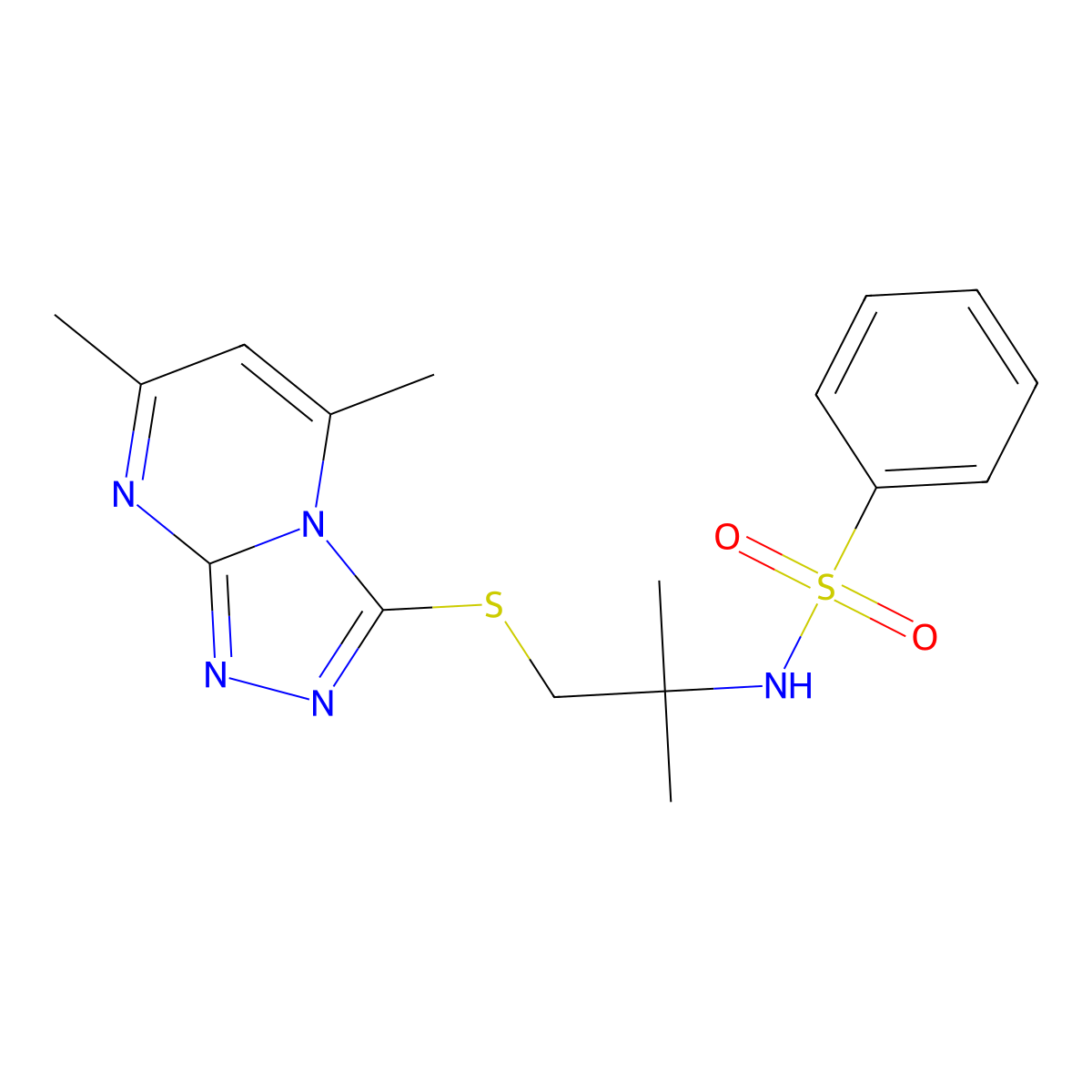 N-[1-[(5,7-dimethyl-[1,2,4]triazolo[4,3-a]pyrimidin-3-yl)sulfanyl]-2-methylpropan-2-yl]benzenesulfonamide molecular structure, CAS 831209-63-3