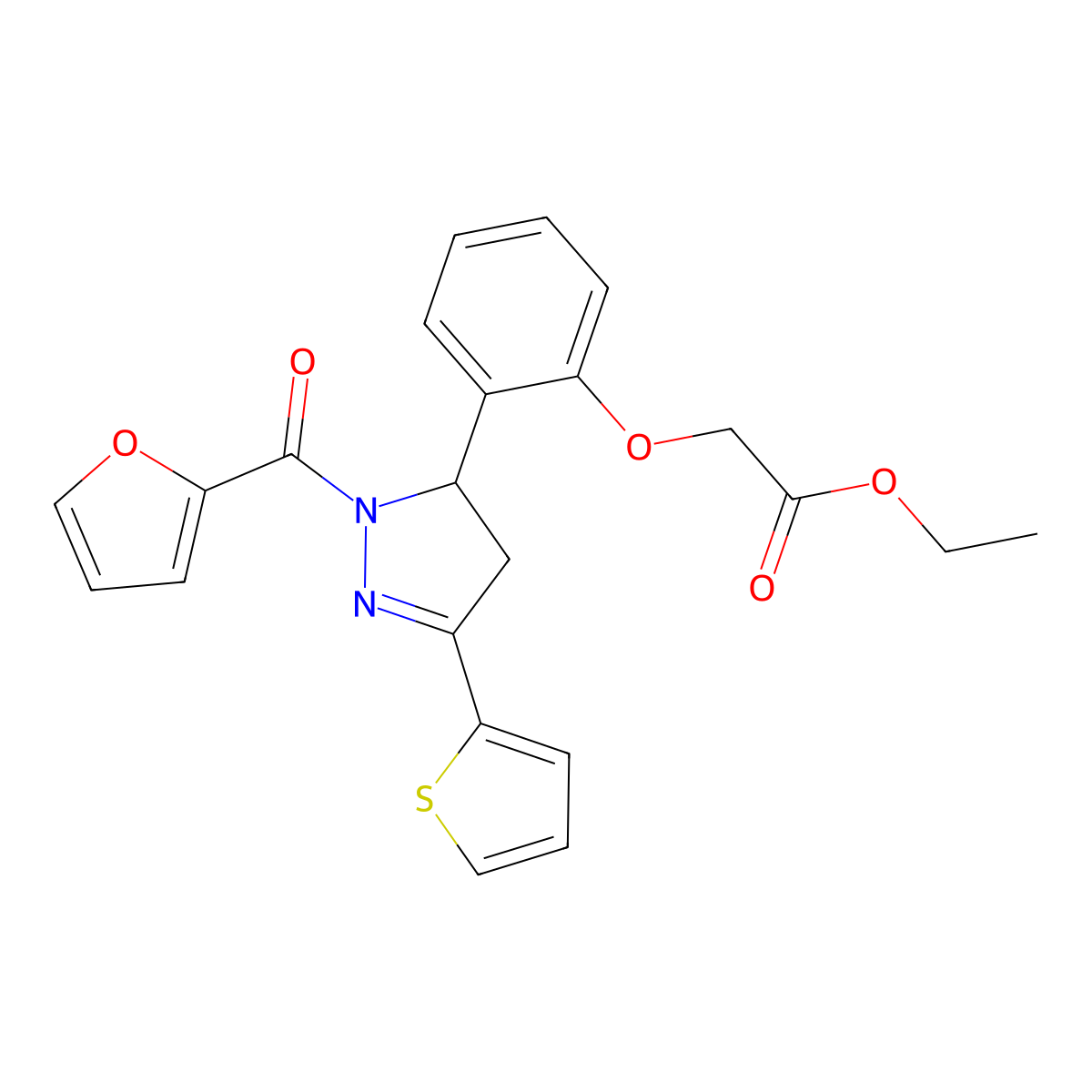 Ethyl 2-[2-[2-(furan-2-carbonyl)-5-thiophen-2-yl-3,4-dihydropyrazol-3-yl]phenoxy]acetate molecular structure, CAS 831211-48-4
