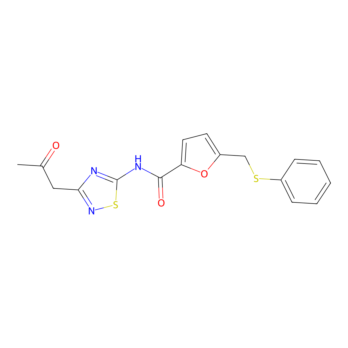N-[3-(2-oxopropyl)-1,2,4-thiadiazol-5-yl]-5-[(phenylsulfanyl)methyl]furan-2-carboxamide molecular structure, CAS 831211-94-0
