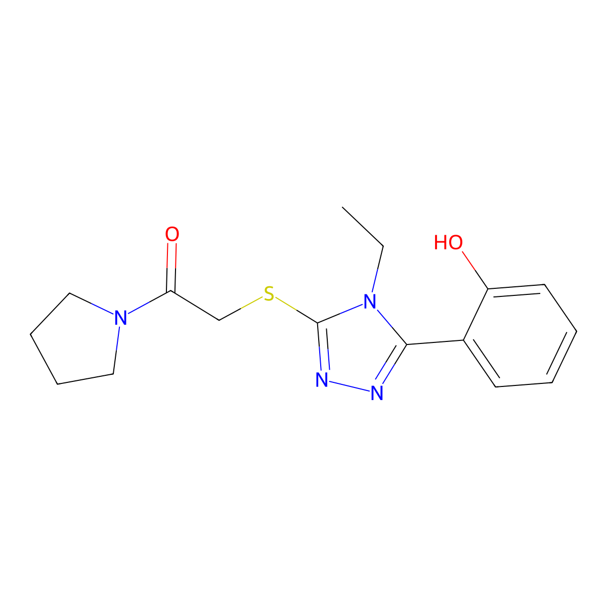 2-{[4-ethyl-5-(2-hydroxyphenyl)-4H-1,2,4-triazol-3-yl]sulfanyl}-1-(pyrrolidin-1-yl)ethanone molecular structure, CAS 831212-14-7