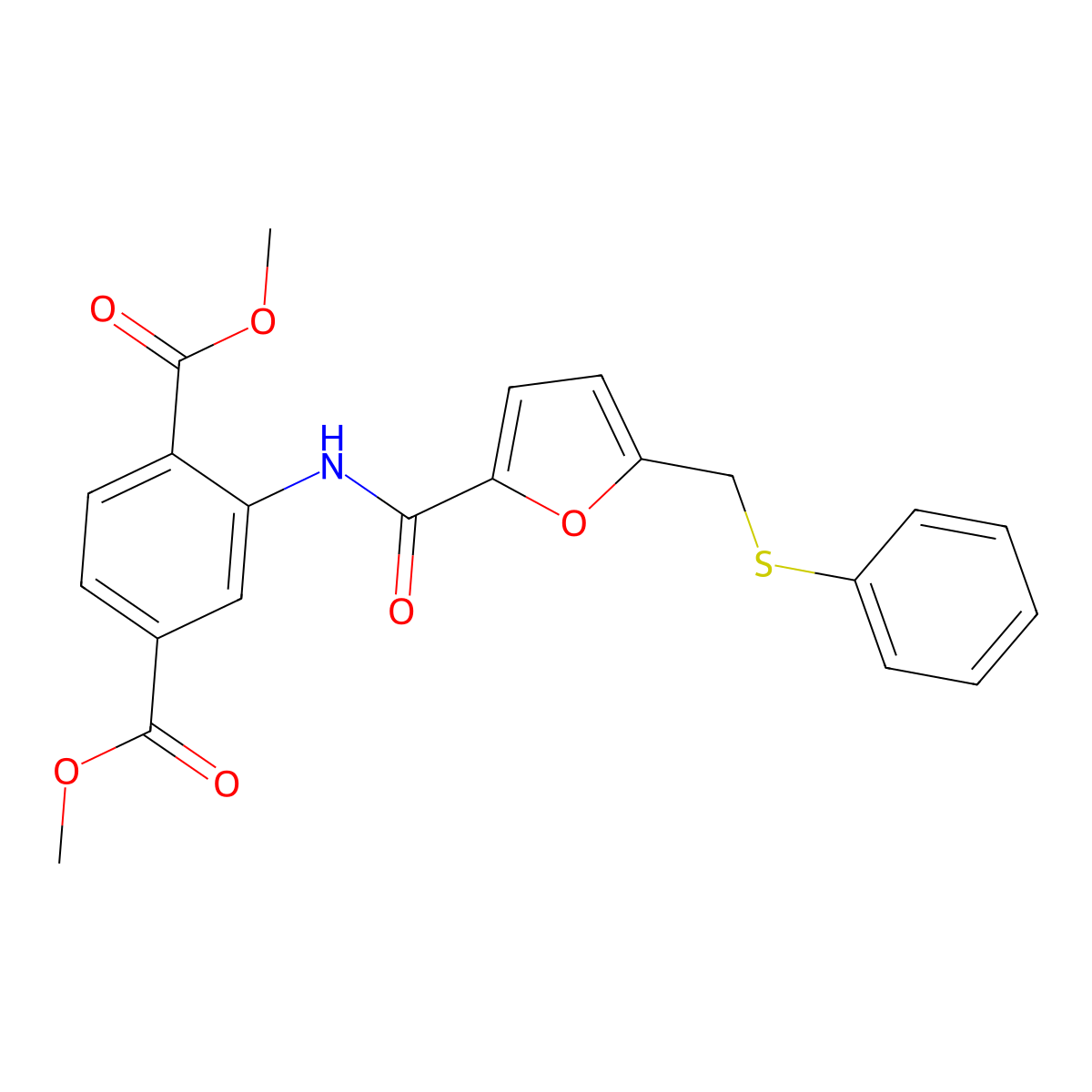 Dimethyl 2-[[5-(phenylsulfanylmethyl)furan-2-carbonyl]amino]benzene-1,4-dicarboxylate molecular structure, CAS 831214-22-3