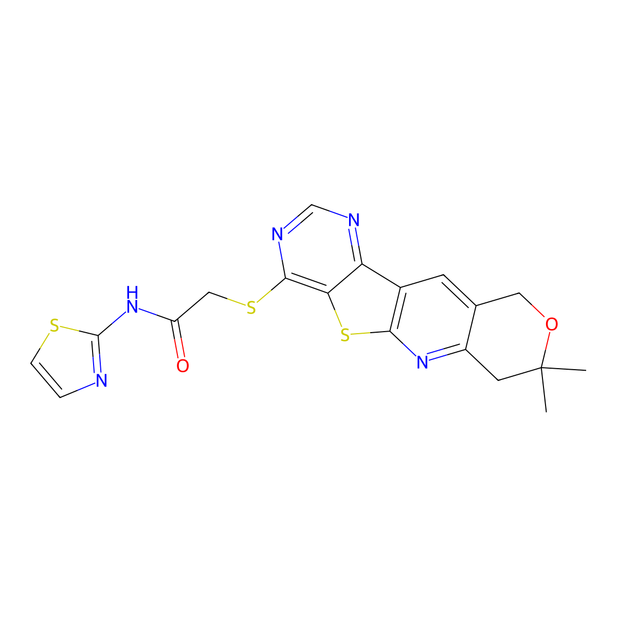 2-((8,8-dimethyl-8,10-dihydro-7H-pyrano[3'',4'':5',6']pyrido[3',2':4,5]thieno[3,2-d]pyrimidin-4-yl)thio)-N-(thiazol-2-yl)acetamide molecular structure, CAS 831214-44-9