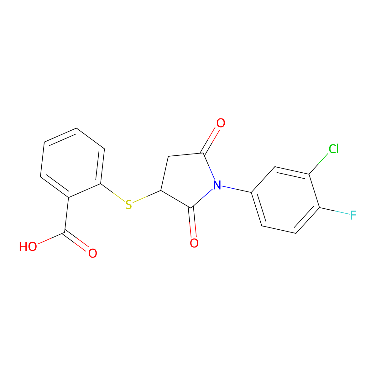 2-((1-(3-Chloro-4-fluorophenyl)-2,5-dioxopyrrolidin-3-yl)thio)benzoic acid molecular structure, CAS 831214-75-6
