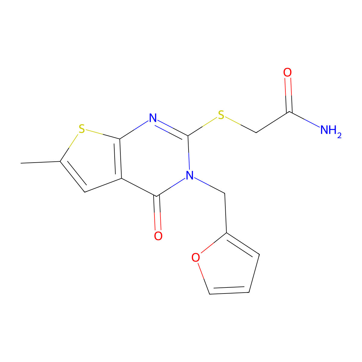 2-[3-(Furan-2-ylmethyl)-6-methyl-4-oxothieno[2,3-d]pyrimidin-2-yl]sulfanylacetamide molecular structure, CAS 831215-23-7