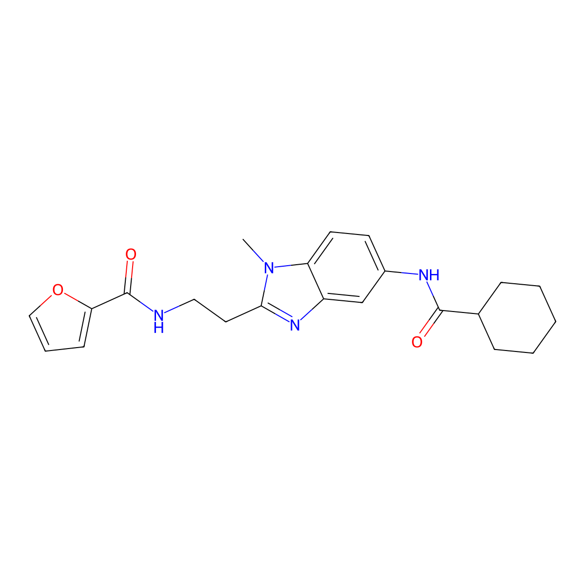 N-[2-[5-(cyclohexanecarbonylamino)-1-methylbenzimidazol-2-yl]ethyl]furan-2-carboxamide molecular structure, CAS 831216-11-6