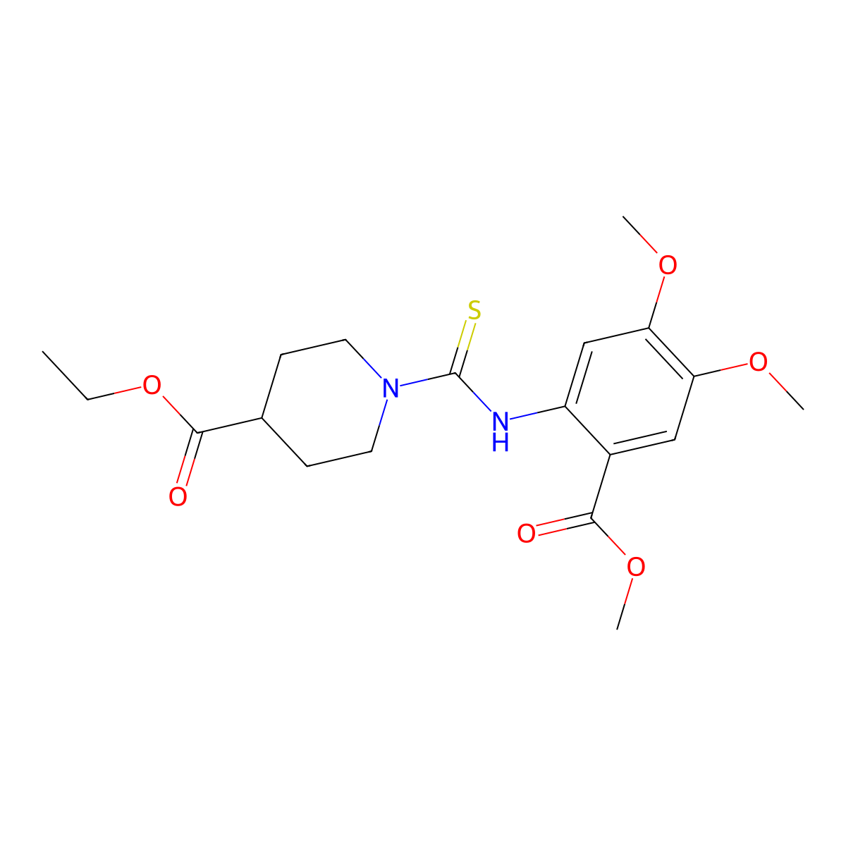 Ethyl 1-({[4,5-dimethoxy-2-(methoxycarbonyl)phenyl]amino}carbonothioyl)-4-piperidinecarboxylate molecular structure, CAS 831216-62-7