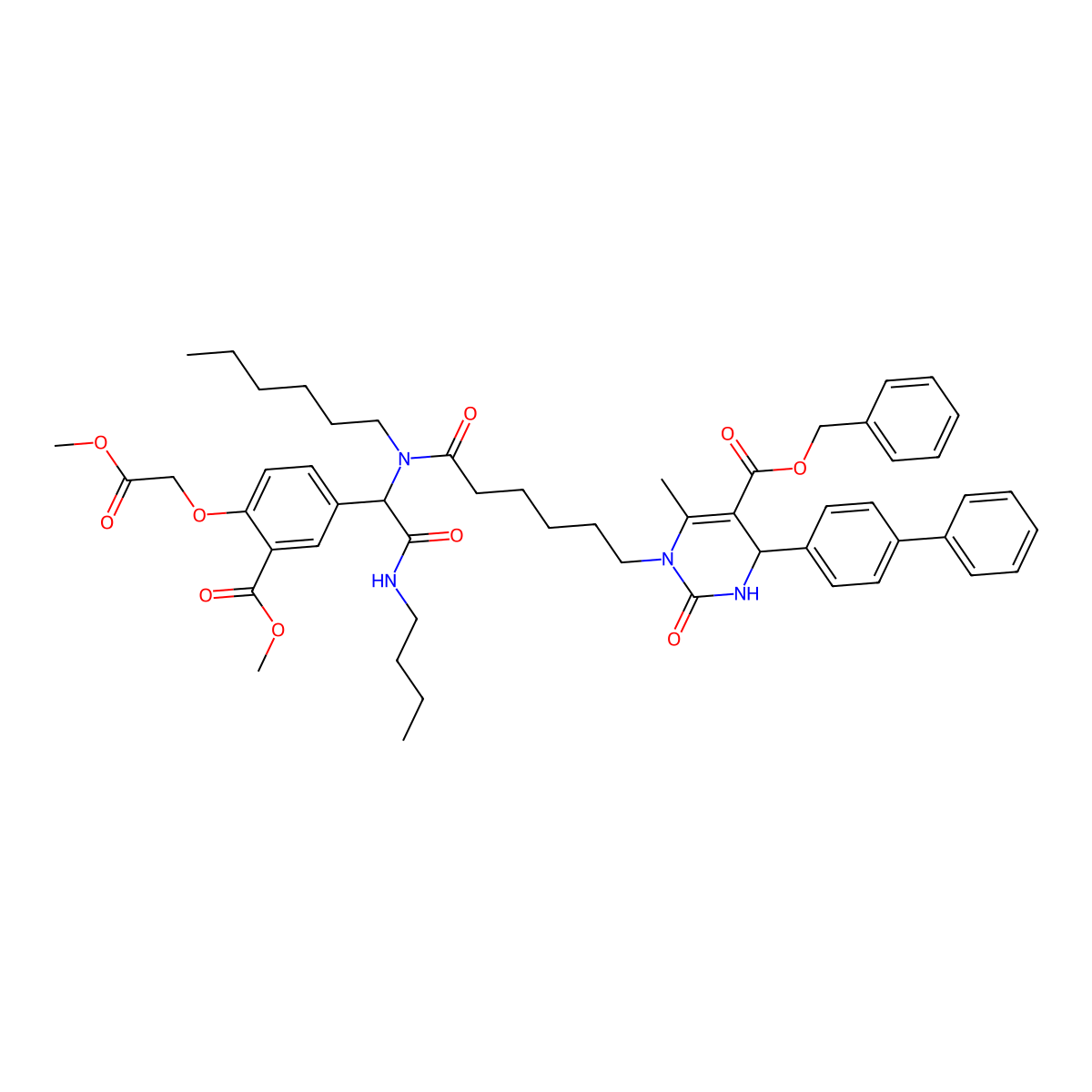Benzyl 3-[6-[[2-(butylamino)-1-[3-methoxycarbonyl-4-(2-methoxy-2-oxoethoxy)phenyl]-2-oxoethyl]-hexylamino]-6-oxohexyl]-4-methyl-2-oxo-6-(4-phenylphenyl)-1,6-dihydropyrimidine-5-carboxylate molecular structure, CAS 831217-40-4
