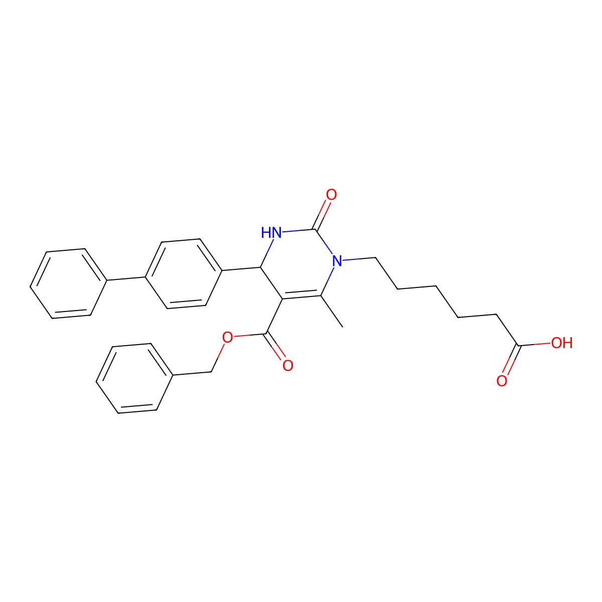6-[4-Methyl-2-oxo-5-phenylmethoxycarbonyl-6-(4-phenylphenyl)-1,6-dihydropyrimidin-3-yl]hexanoic acid molecular structure, CAS 831217-43-7