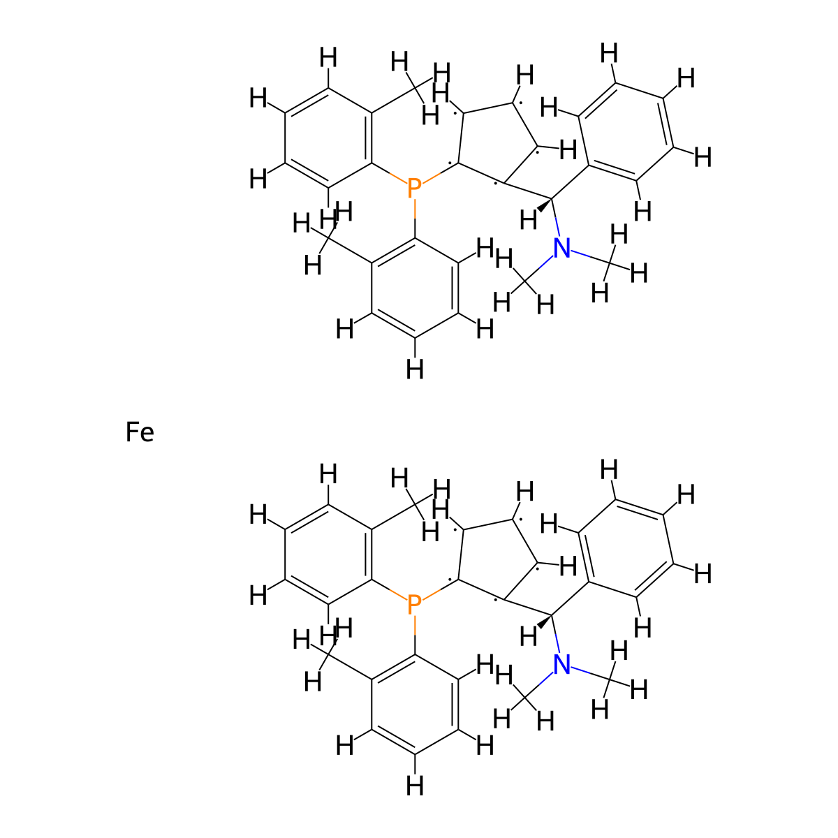 (S,S)-2,2'-Bis[(S)-(N,N-dimethylamino)(phenyl)methyl]-1,1'-bis(di(2-methylphenyl)phosphino)ferrocene molecular structure, CAS 831226-39-2