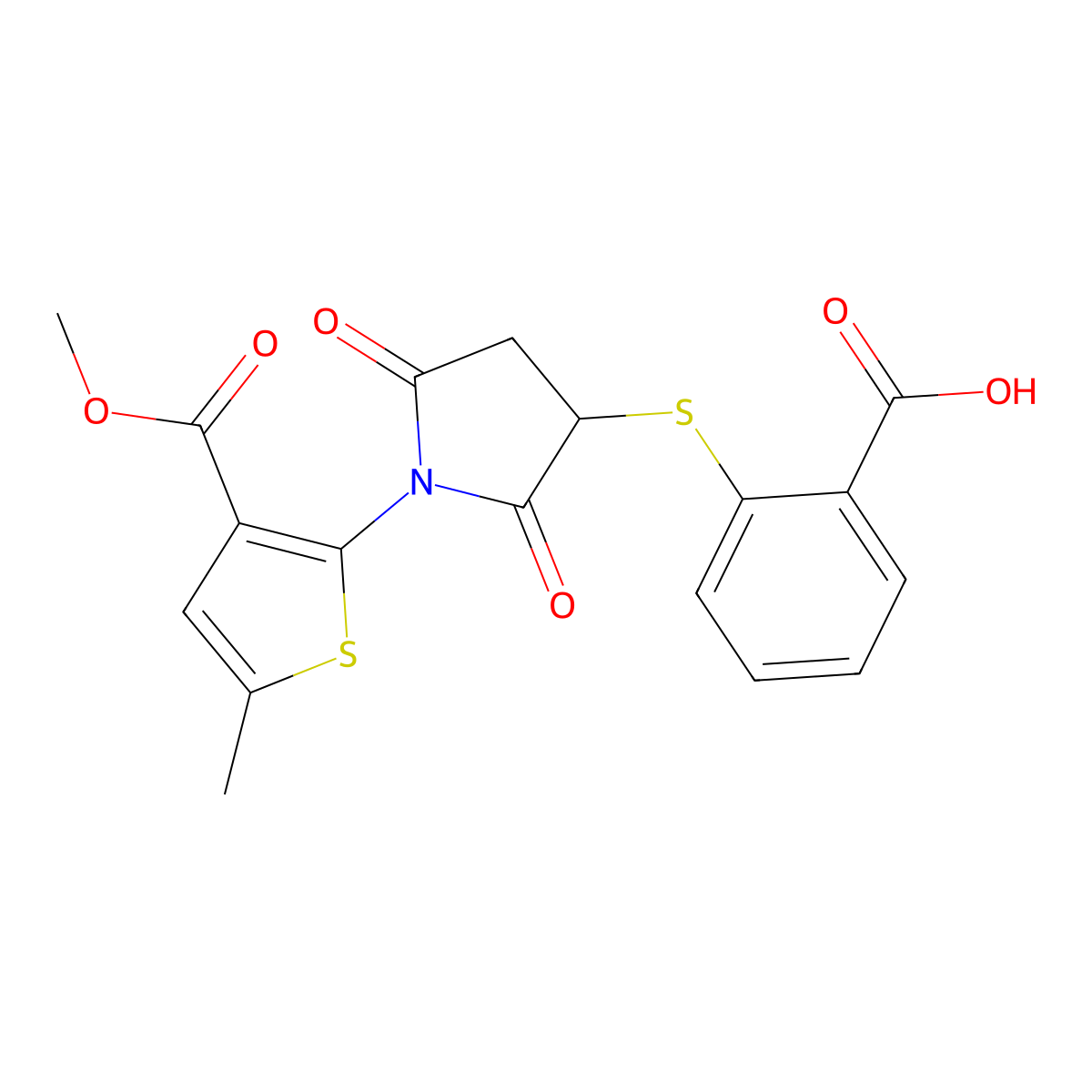 2-((1-(3-(Methoxycarbonyl)-5-methylthiophen-2-yl)-2,5-dioxopyrrolidin-3-yl)thio)benzoic acid molecular structure, CAS 831228-85-4
