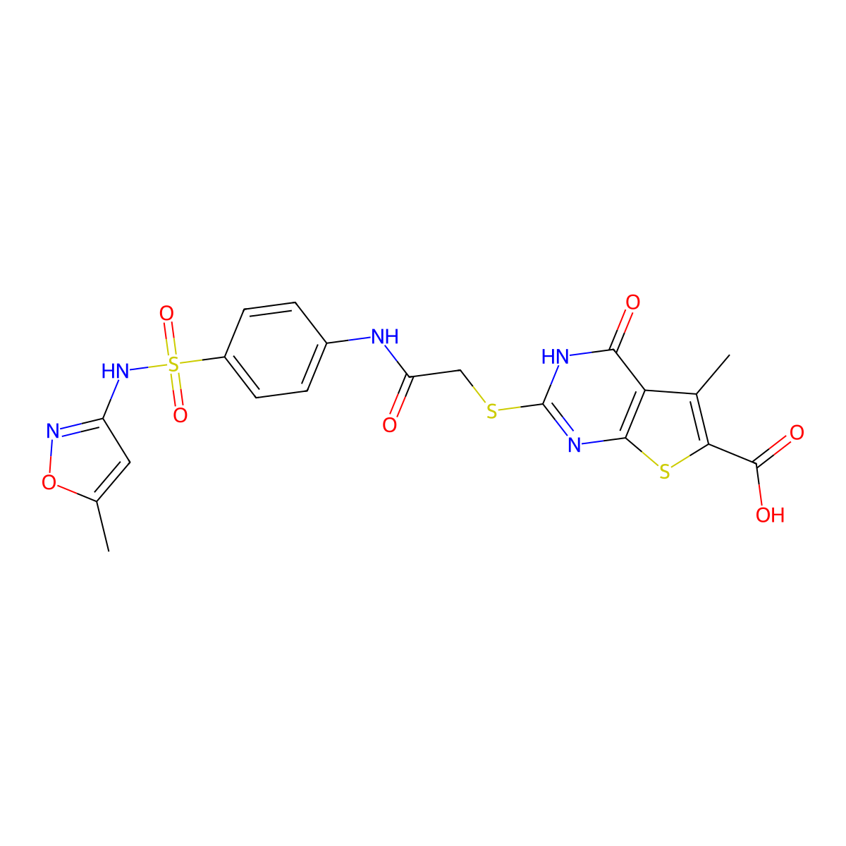 5-Methyl-2-({2-[(4-{[(5-methyl-3-isoxazolyl)amino]sulfonyl}phenyl)amino]-2-oxoethyl}thio)-4-oxo-3,4-dihydrothieno[2,3-d]pyrimidine-6-carboxylic acid molecular structure, CAS 831229-34-6