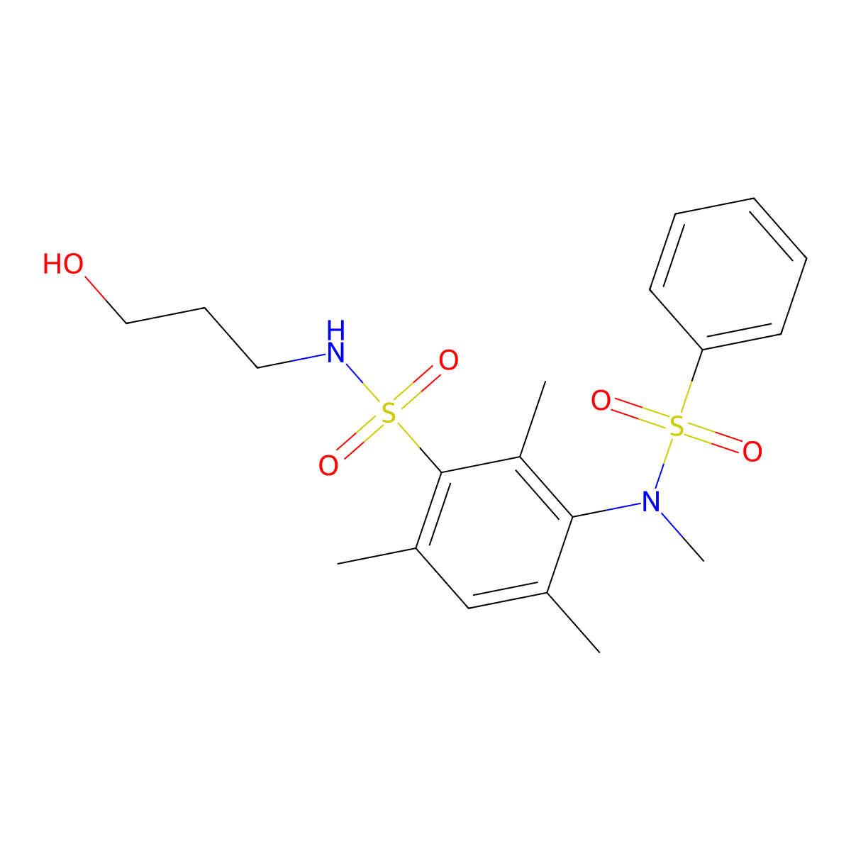 3-[benzenesulfonyl(methyl)amino]-N-(3-hydroxypropyl)-2,4,6-trimethylbenzenesulfonamide molecular structure, CAS 831229-62-0