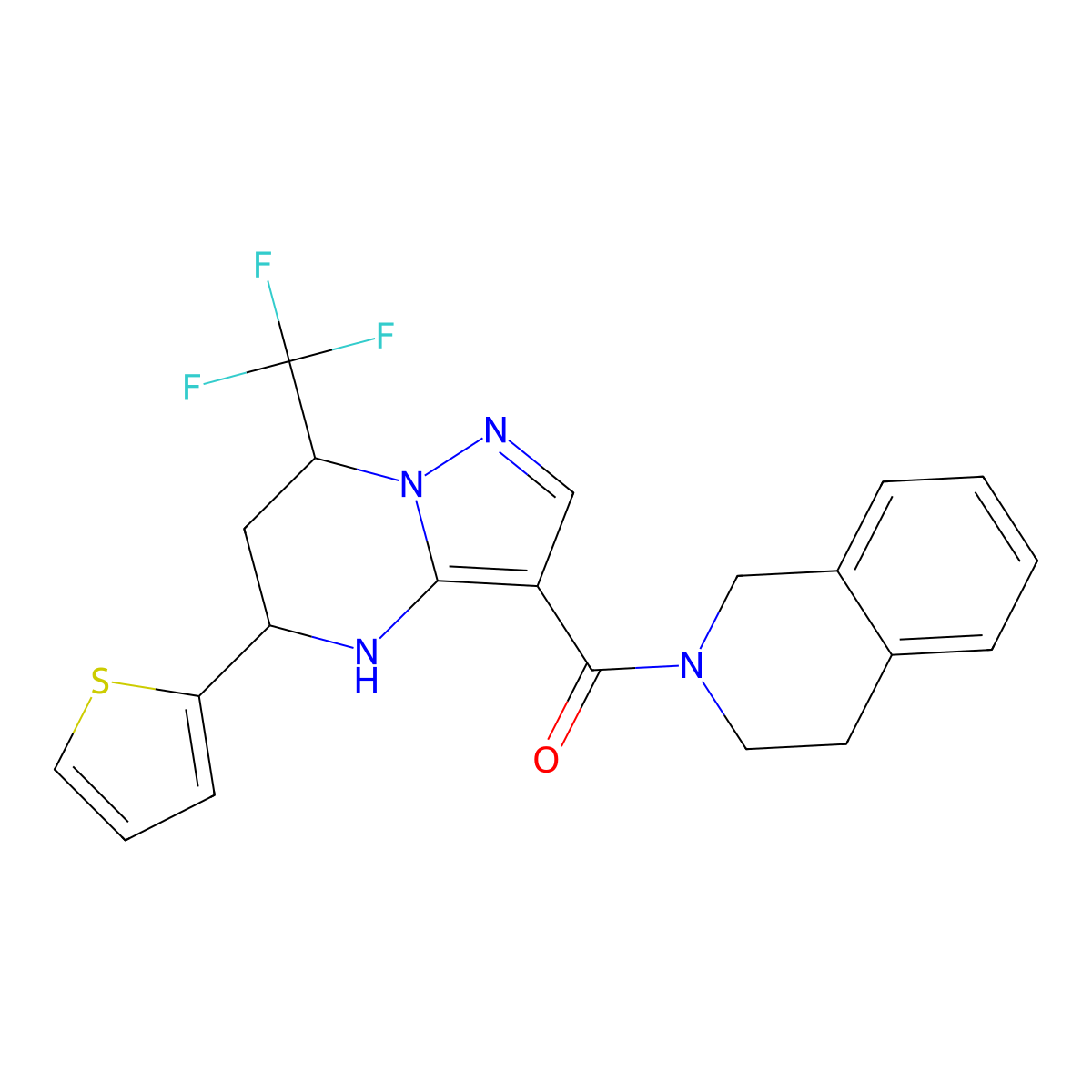 3,4-dihydroisoquinolin-2(1H)-yl[5-(thiophen-2-yl)-7-(trifluoromethyl)-4,5,6,7-tetrahydropyrazolo[1,5-a]pyrimidin-3-yl]methanone molecular structure, CAS 831230-43-4
