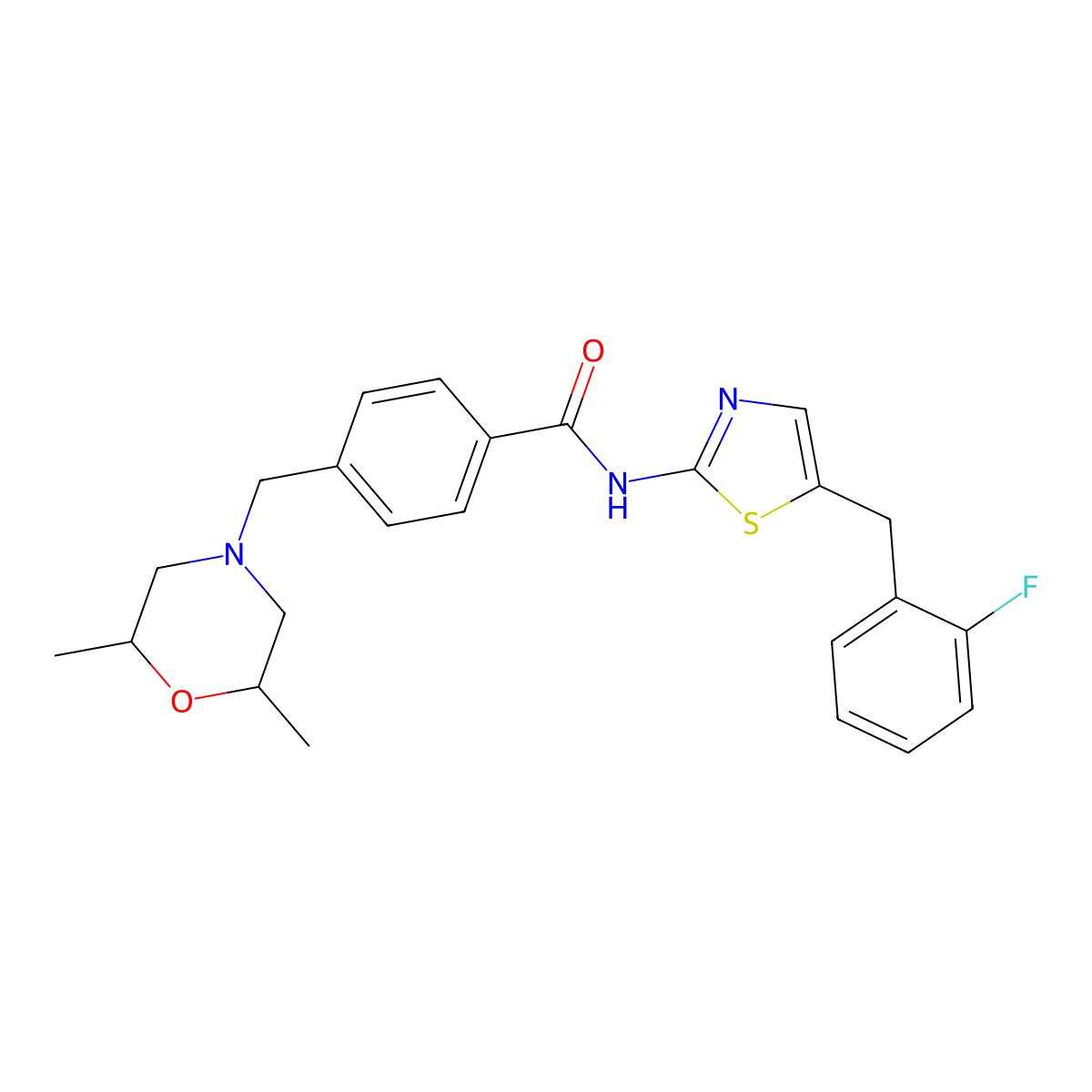 4-[(2,6-dimethylmorpholin-4-yl)methyl]-N-[5-[(2-fluorophenyl)methyl]-1,3-thiazol-2-yl]benzamide molecular structure, CAS 831230-99-0