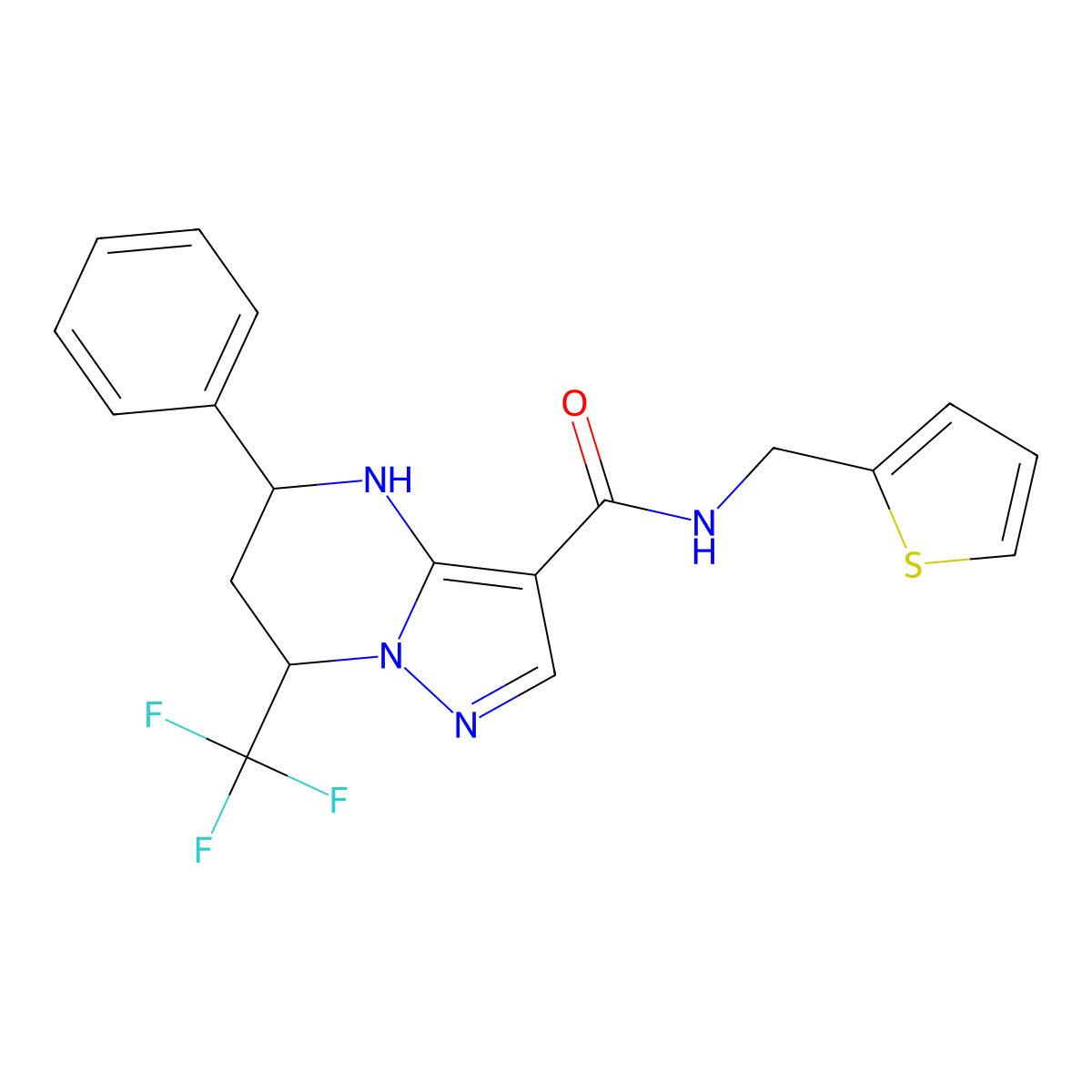 5-phenyl-N-(thiophen-2-ylmethyl)-7-(trifluoromethyl)-4,5,6,7-tetrahydropyrazolo[1,5-a]pyrimidine-3-carboxamide molecular structure, CAS 831231-24-4