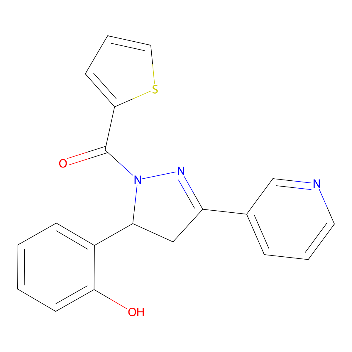 (5-(2-hydroxyphenyl)-3-(pyridin-3-yl)-4,5-dihydro-1H-pyrazol-1-yl)(thiophen-2-yl)methanone molecular structure, CAS 831232-62-3