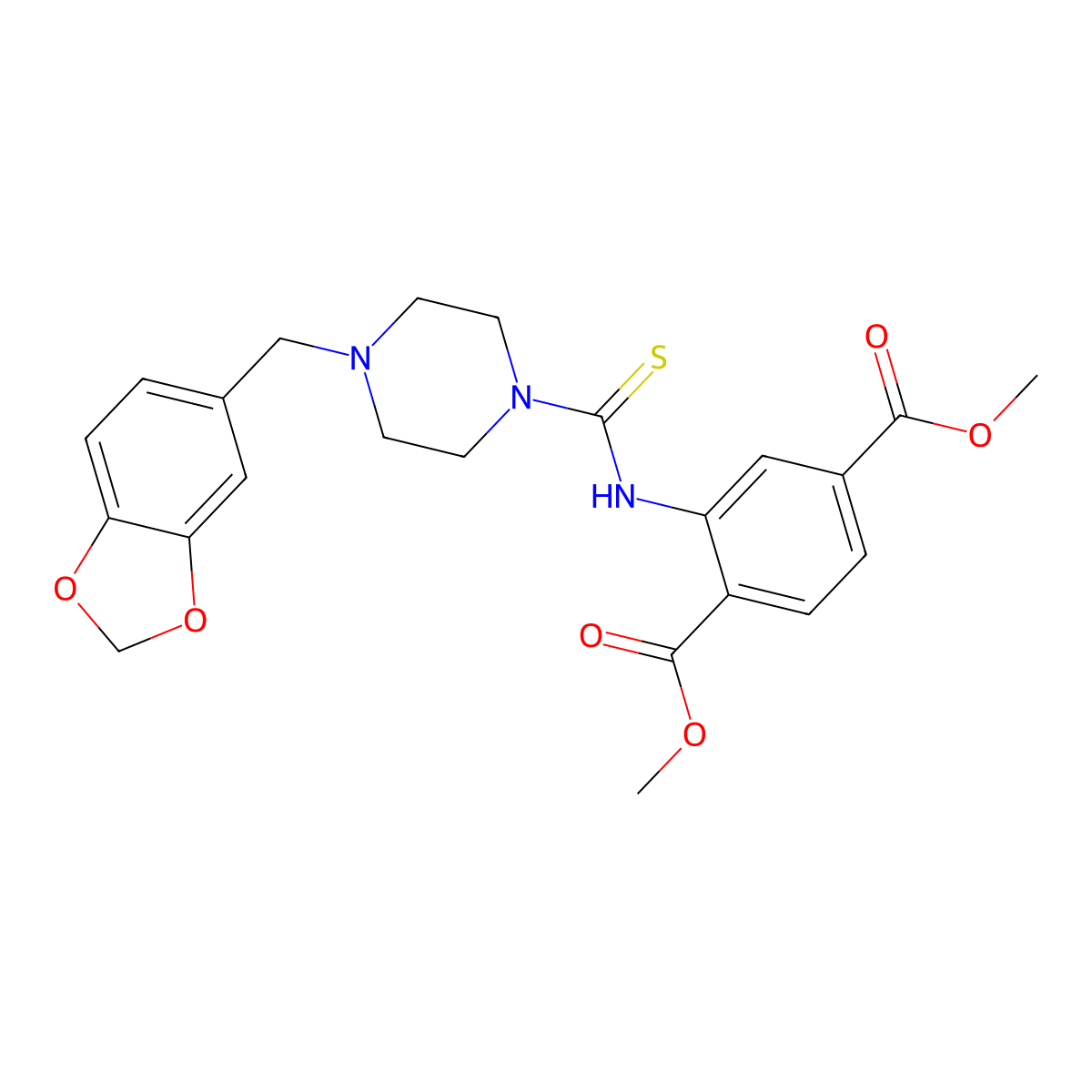 Dimethyl 2-({[4-(1,3-benzodioxol-5-ylmethyl)piperazin-1-yl]carbonothioyl}amino)benzene-1,4-dicarboxylate molecular structure, CAS 831232-79-2