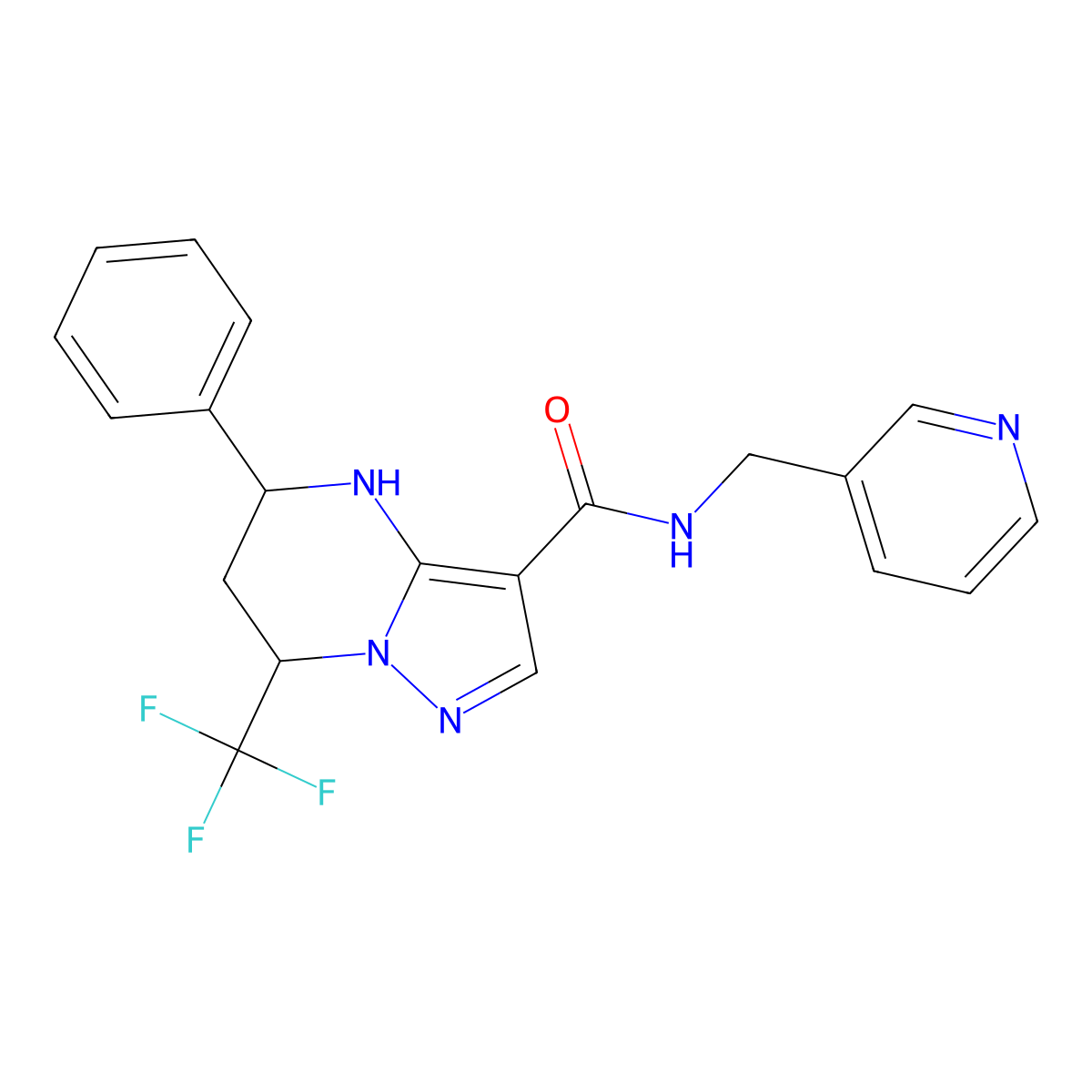 5-phenyl-N-(pyridin-3-ylmethyl)-7-(trifluoromethyl)-4,5,6,7-tetrahydropyrazolo[1,5-a]pyrimidine-3-carboxamide molecular structure, CAS 831232-98-5