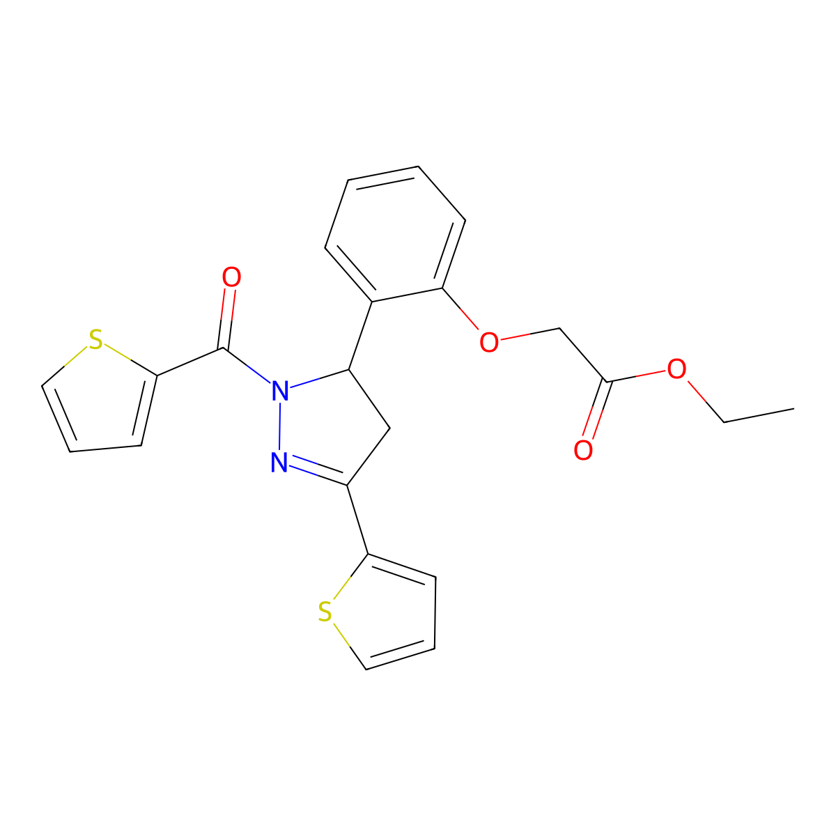 Ethyl 2-[2-[2-(thiophene-2-carbonyl)-5-thiophen-2-yl-3,4-dihydropyrazol-3-yl]phenoxy]acetate molecular structure, CAS 831233-48-8