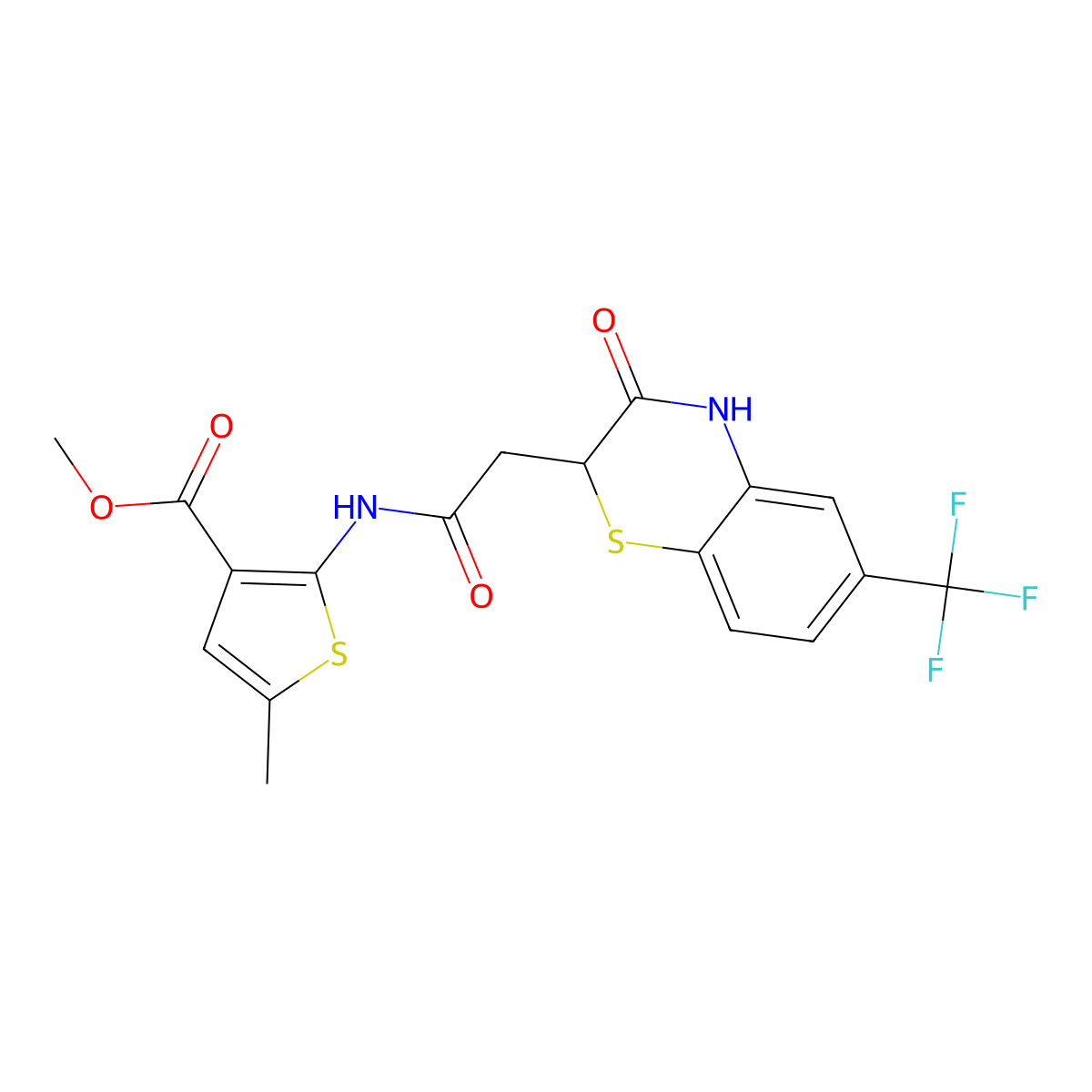 methyl 5-methyl-2-[[2-[3-oxo-6-(trifluoromethyl)-4H-1,4-benzothiazin-2-yl]acetyl]amino]thiophene-3-carboxylate molecular structure, CAS 831234-20-9