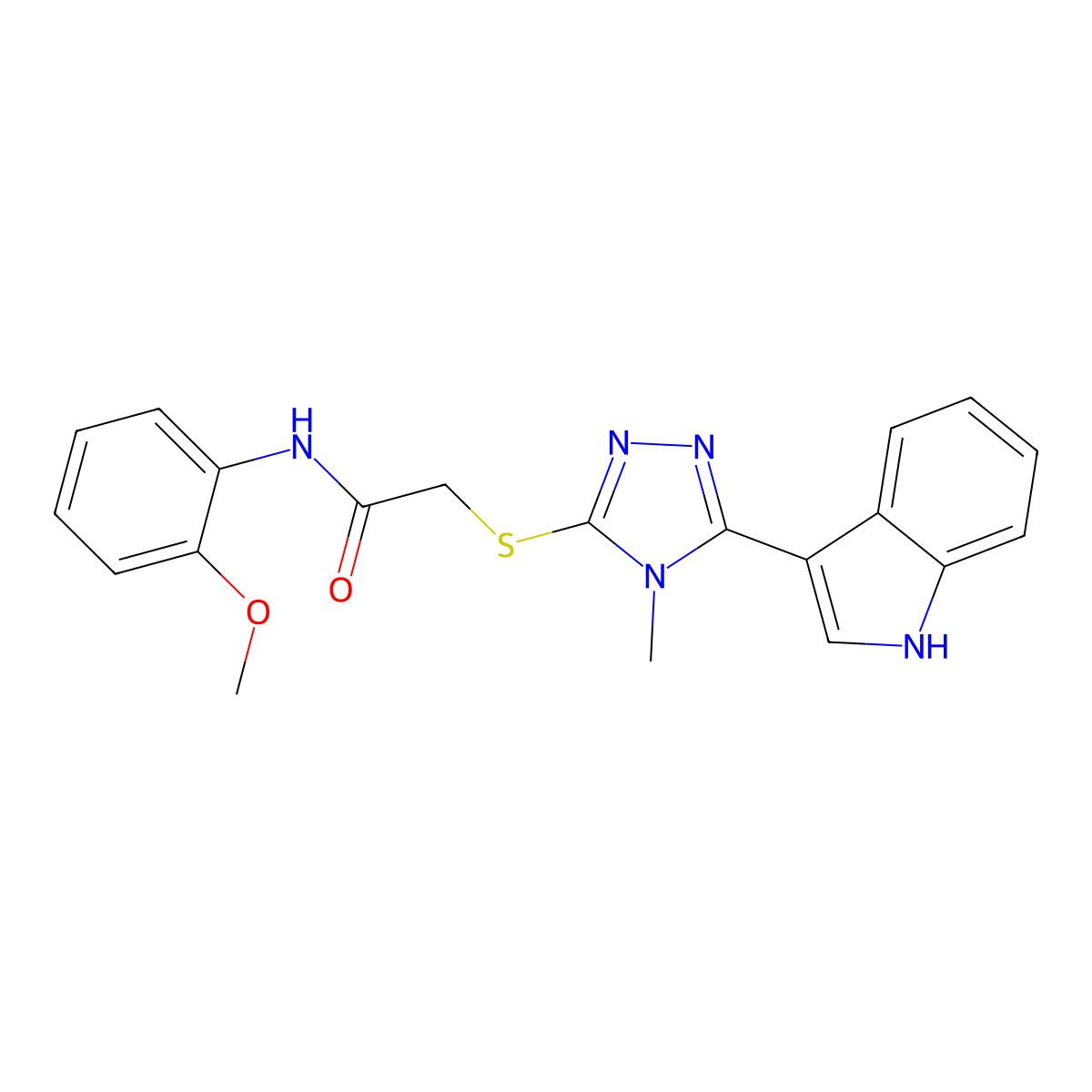 2-((5-(1H-indol-3-yl)-4-methyl-4H-1,2,4-triazol-3-yl)thio)-N-(2-methoxyphenyl)acetamide molecular structure, CAS 831236-39-6