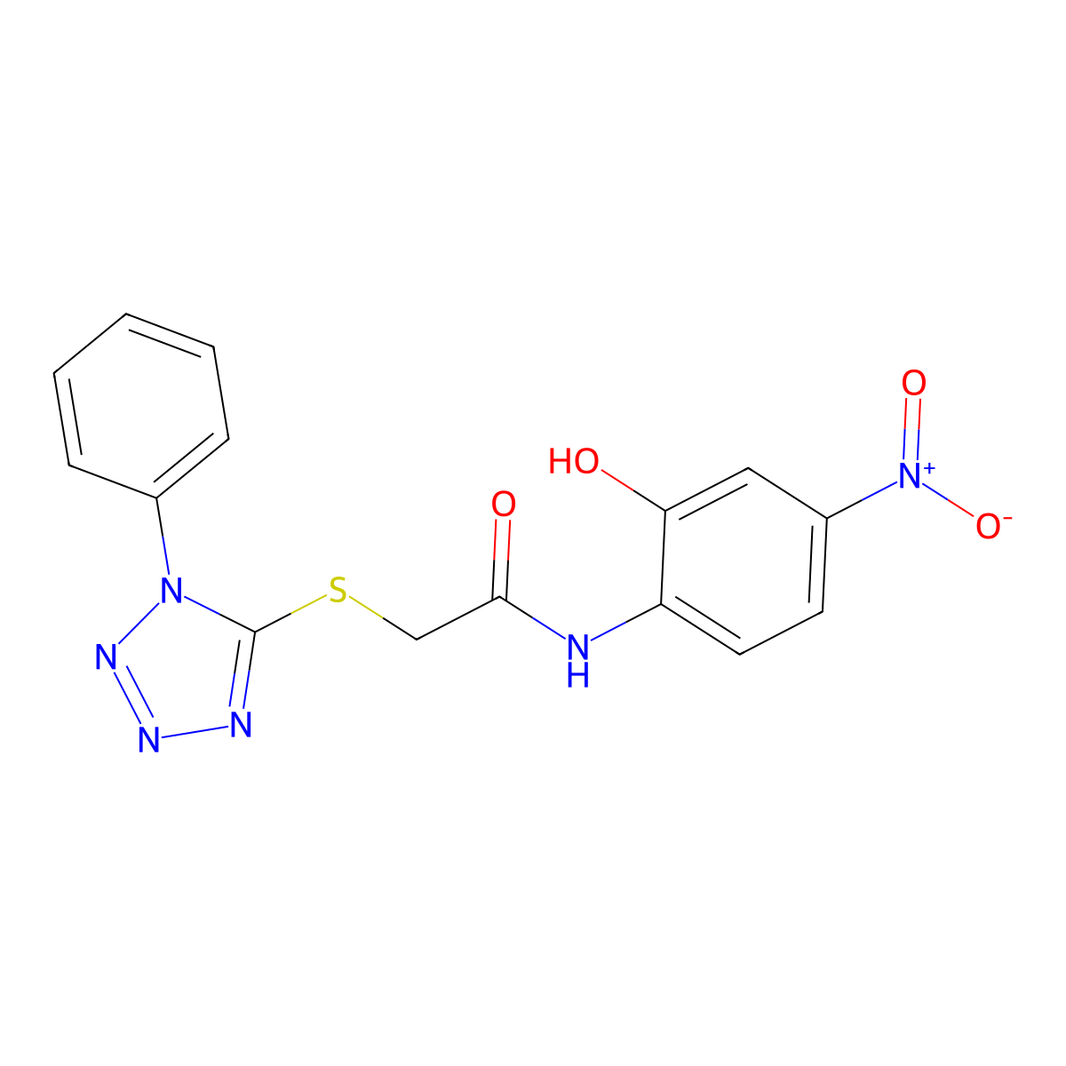 N-(2-hydroxy-4-nitrophenyl)-2-(1-phenyltetrazol-5-yl)sulfanylacetamide molecular structure, CAS 831236-85-2